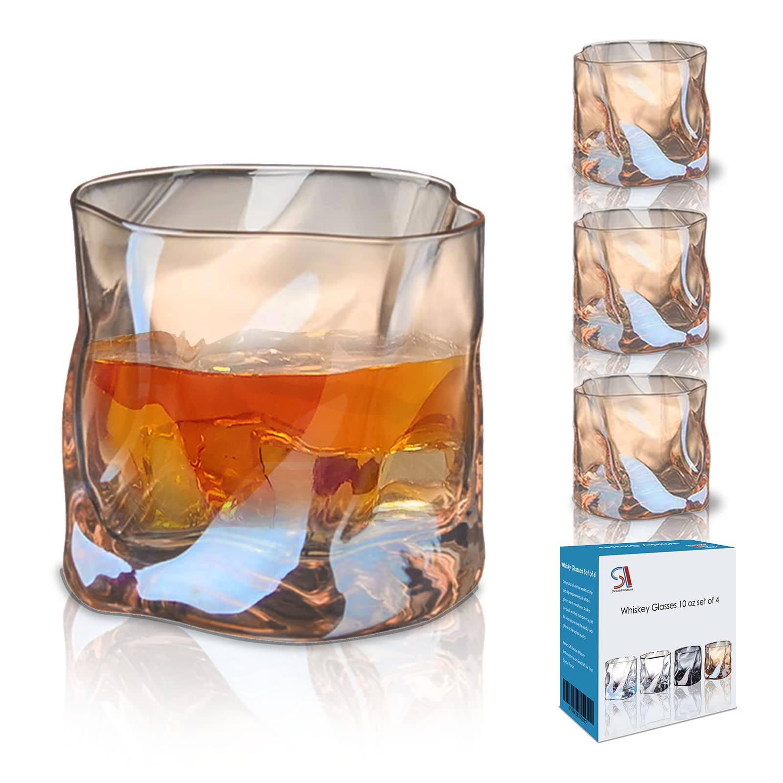 Nordic style whiskey glasses set 4, 10 oz bourbon glasses set of 4 lowball glasses, irregular whiskey glass set for men, thickened glass electroplating process, for Scotch, cocktail, liquor, amber