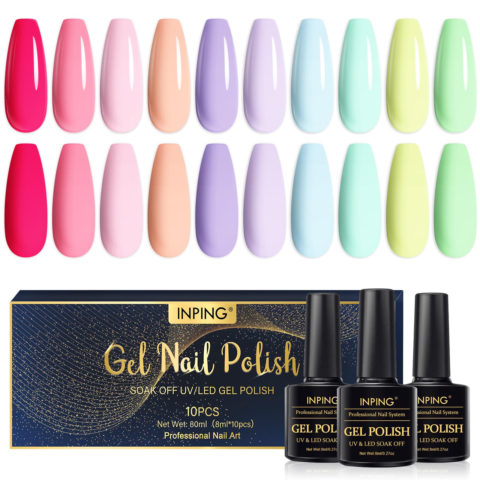 UV Nagellack Pastell Sommer Gel-Nagellack Set Gellack Langlebige Gelnägel | INPING 10 Farben Frühling Sommer Makronen Neon Glitzer Rosa Langlebige Gelnägel für Frauen zu Hause French Maniküre Kit 8ML