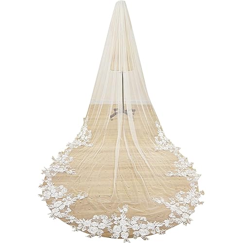 EllieWely Long Pearl Floral Lace Soft Tulle Wedding Bridal Veil with Metal Comb