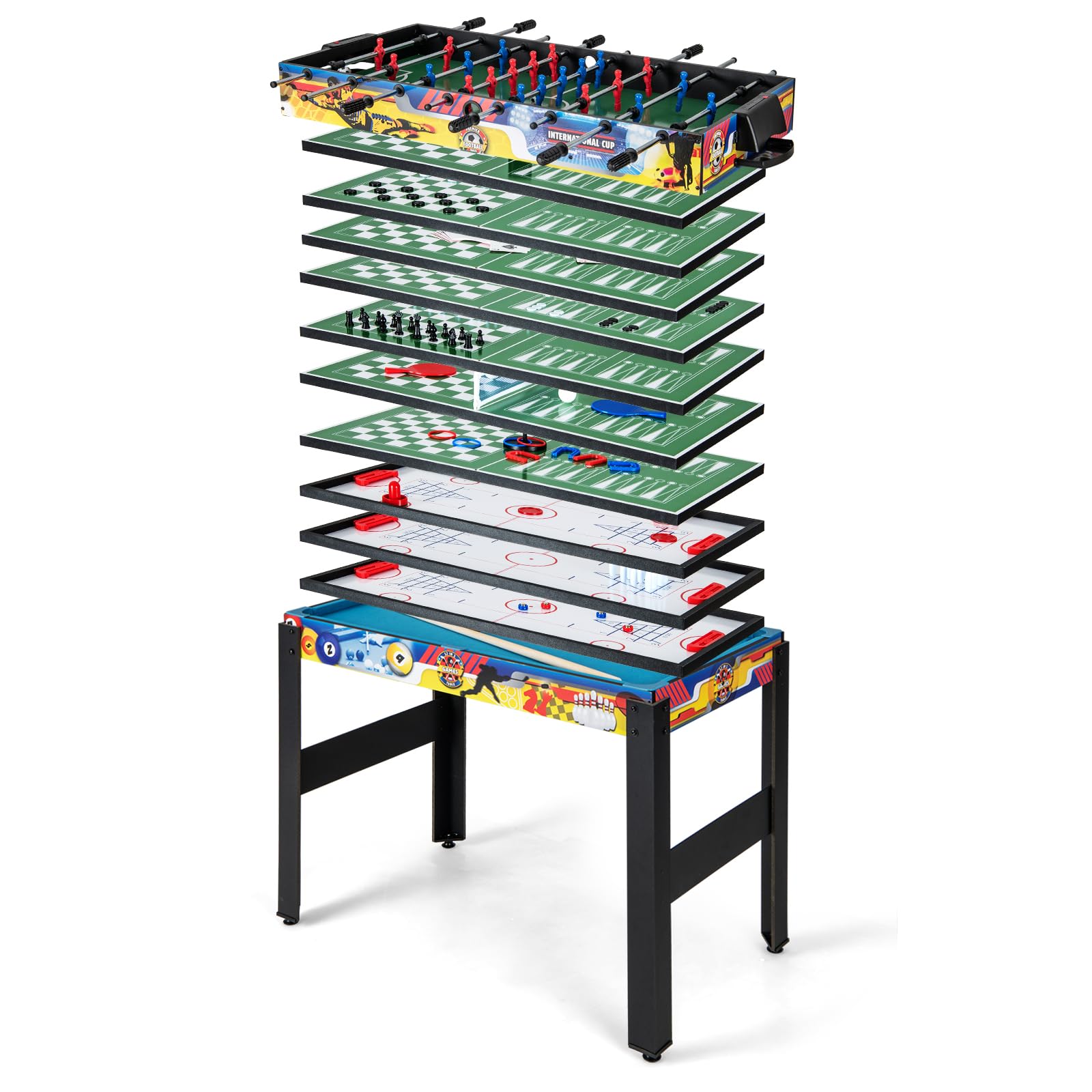 GOPLUS 12 in 1 Spieltisch, Multifunktionstisch mit Tischfußball, Billard, Tischtennis, Hockey, Bowling, Shuffleboard und mehr, Kombi-Tischspiel-Set für Kinder und Erwachsene