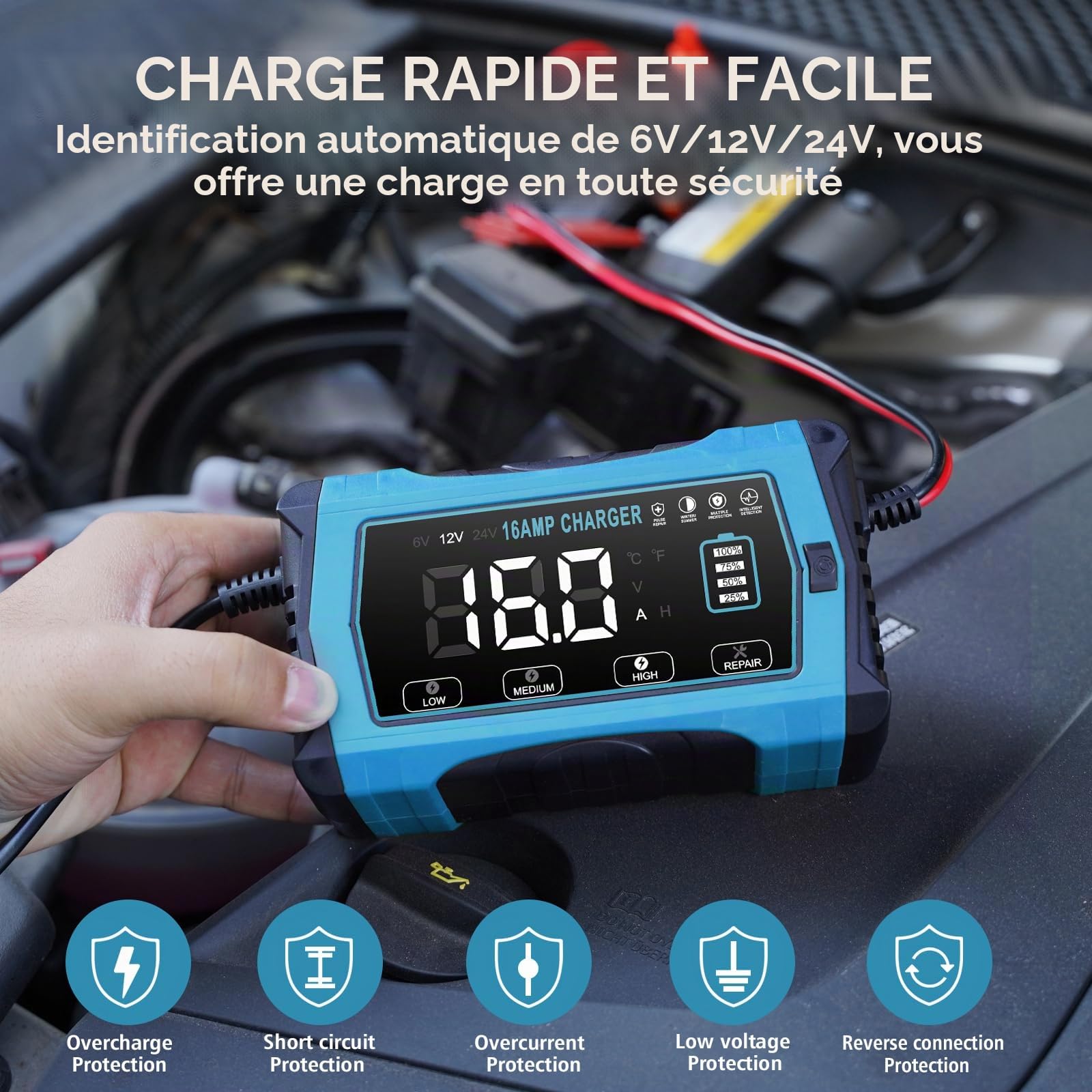 Haisito Chargeur de voiture 16 A, 12 V, 16 A, 24 V, 10 A, batterie au lithium LiFePO4, chargeur au plomb acide (AGM, SLA etc.) avec fonction de charge à 10 niveaux, écran LCD pour voiture