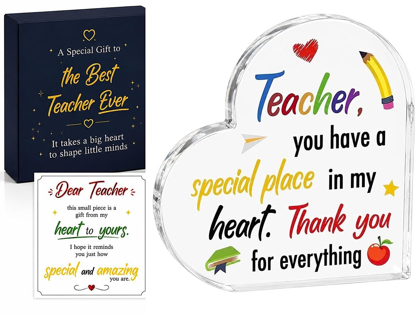 Giftinghouse Thank You Teacher Gift – Acrylic Heart Piece Keepsake Plaque with Printed Gift Box, Best Teacher Ever Appreciation Present for Women & Men