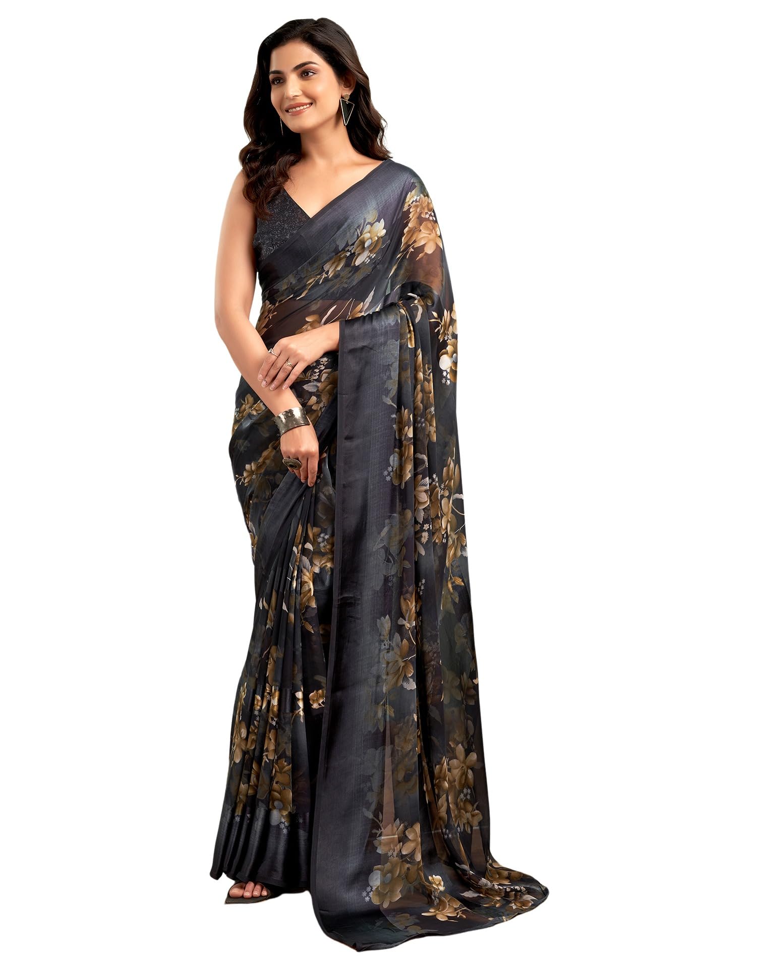 SIRILWomen's Georgette Floral Printed Saree With Unstitched Blouse Piece