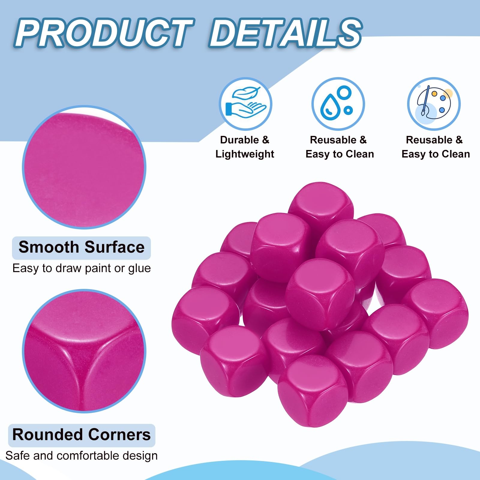 PATIKIL 16mm Acrylic Dice Blank, 20 Pcs Standard Game Dice Rounded Corner with Smoothed Surface Six Sided for Board Games Teaching Pink - Image 3