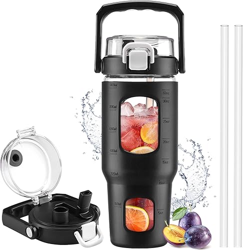 Vista 9 de BLUEGO Vaso de vidrio de 32 onzas con tapa y asa, taza de café helado con pajitas, botella de agua de vidrio con funda y volumen de silicona, vaso