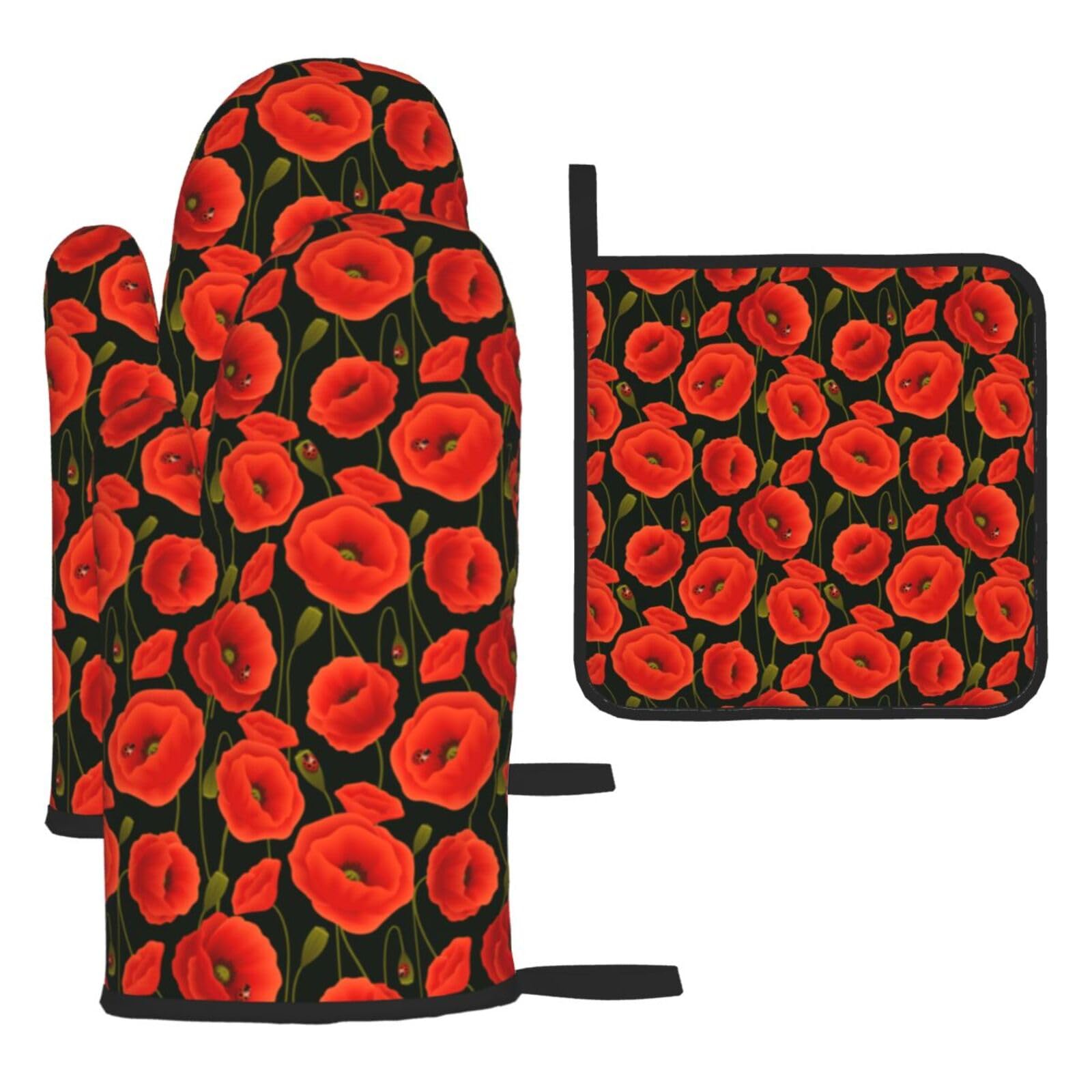 Poppy Flowers Print Oven Set Kitchen Gloves Baking Grilling Microwaving Cooking Gift Everyday Holiday