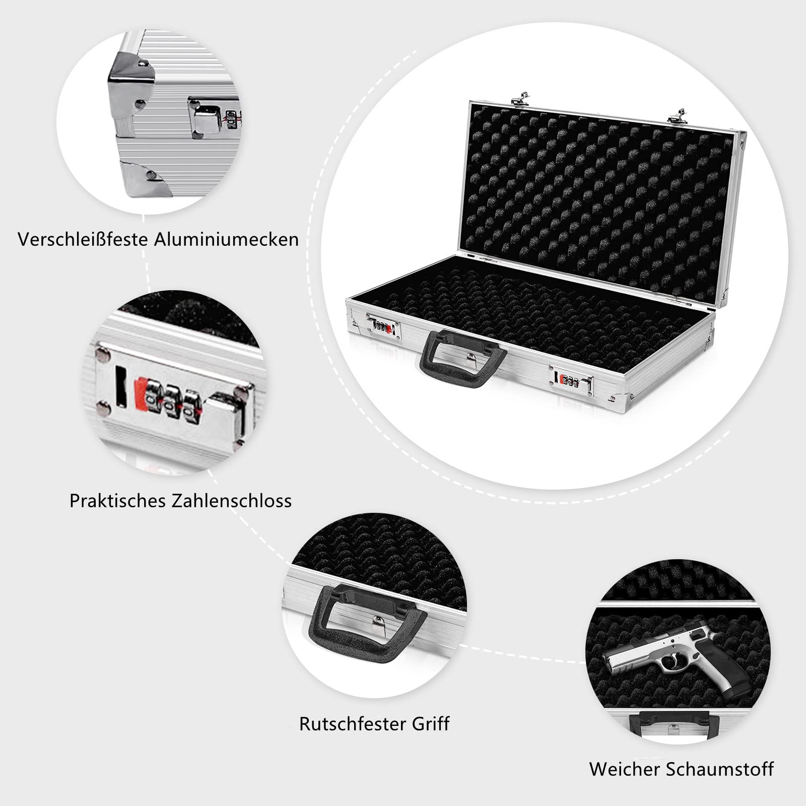GYMAX Abschließbarer Waffenkoffer mit Schaumstoff, Pistolenkoffer aus Aluminium & ABS, Gewehrkoffer Kurzwaffenkoffer mit Zahlenschloss, für Pistolen, 47 x 25 x 8,3 cm, Silber