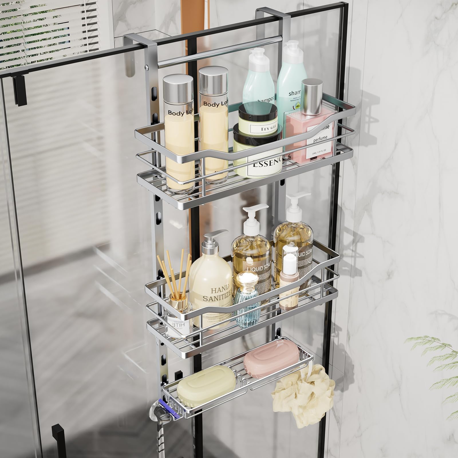 SWTYMIKI Over the Door Shower Caddy - 3 Tier Shower Organizer Hanging with Hooks and Soap Holder, No Drilling Rust Proof Bathroom Hanging Caddy for Body Wash, Shampoo, Soap, Razor, Silver