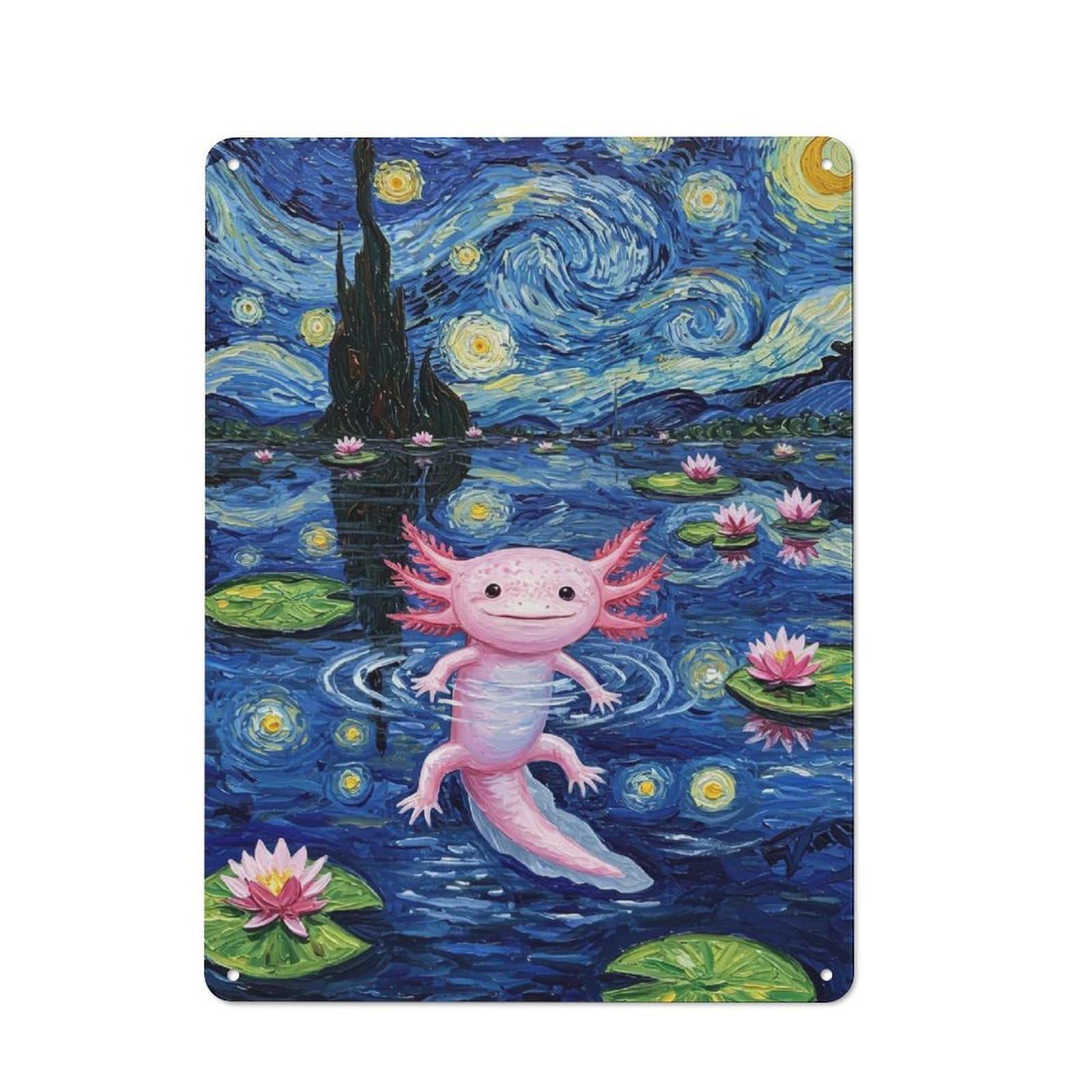 Junmoney Axolotl In Starry Night Painting Rustic Tin Sign 40X30cm For Café Or Restaurant, For Café Owners And Decorators, For Retro Home Interiors