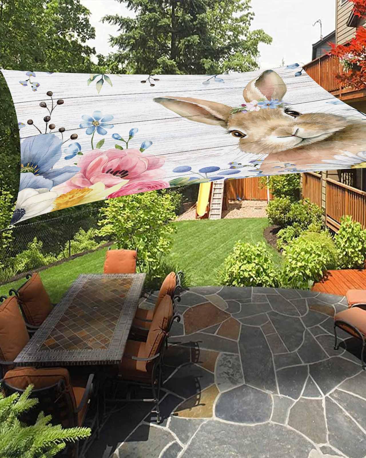 Boanket Sun Shade Sail 12' x 16', Easter Sun Blocking Shades Privacy Outdoor Covering, Spring Floral Botanical Bunny Farmhouse Vintage Shade Cloth for Patio Deck Terrace Garden Lawns Beach Backyard