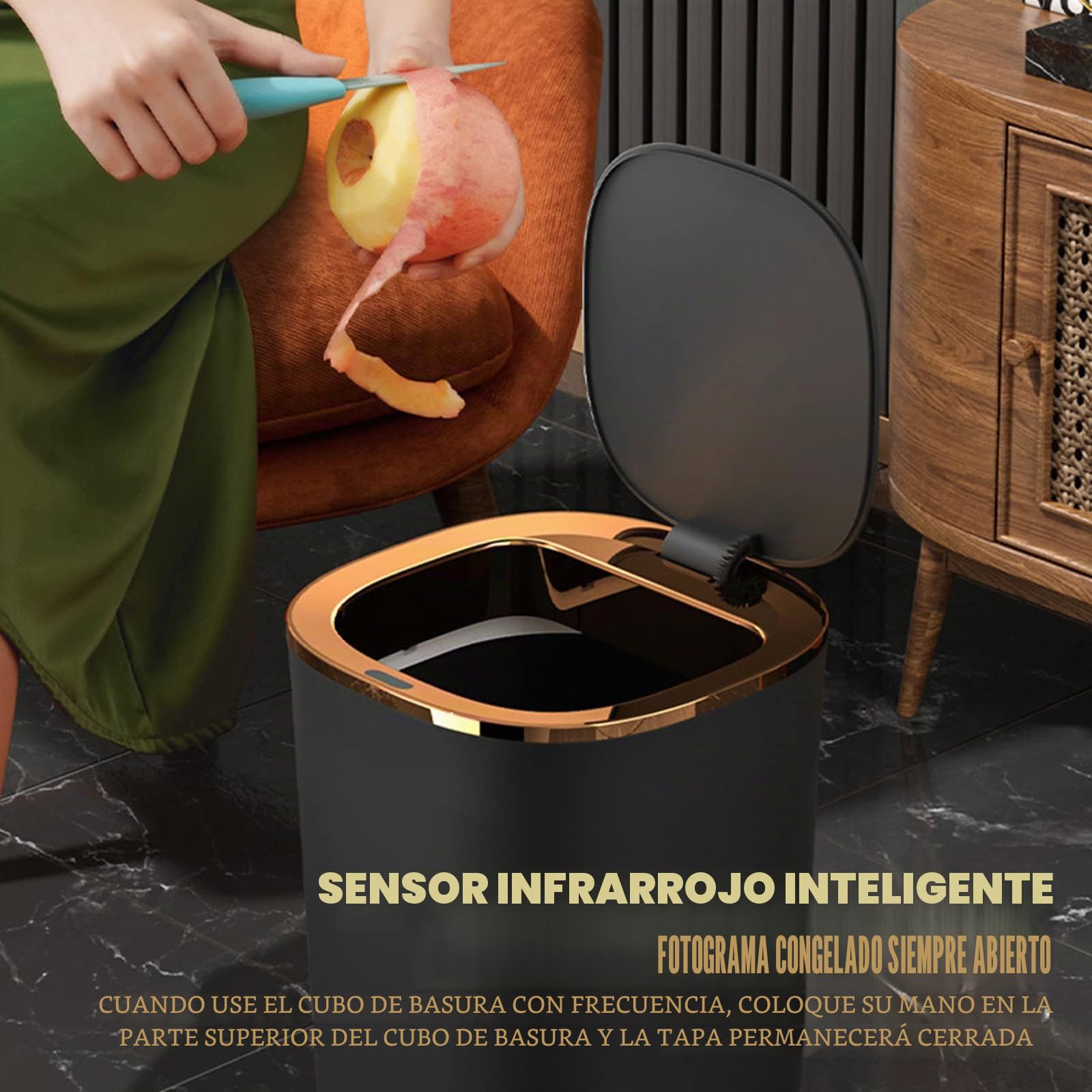 Cubo de basura con sensor, automático, con sensor inteligente, 12 l, sin contacto, para cocina, residuos orgánicos, residuos generales, negro