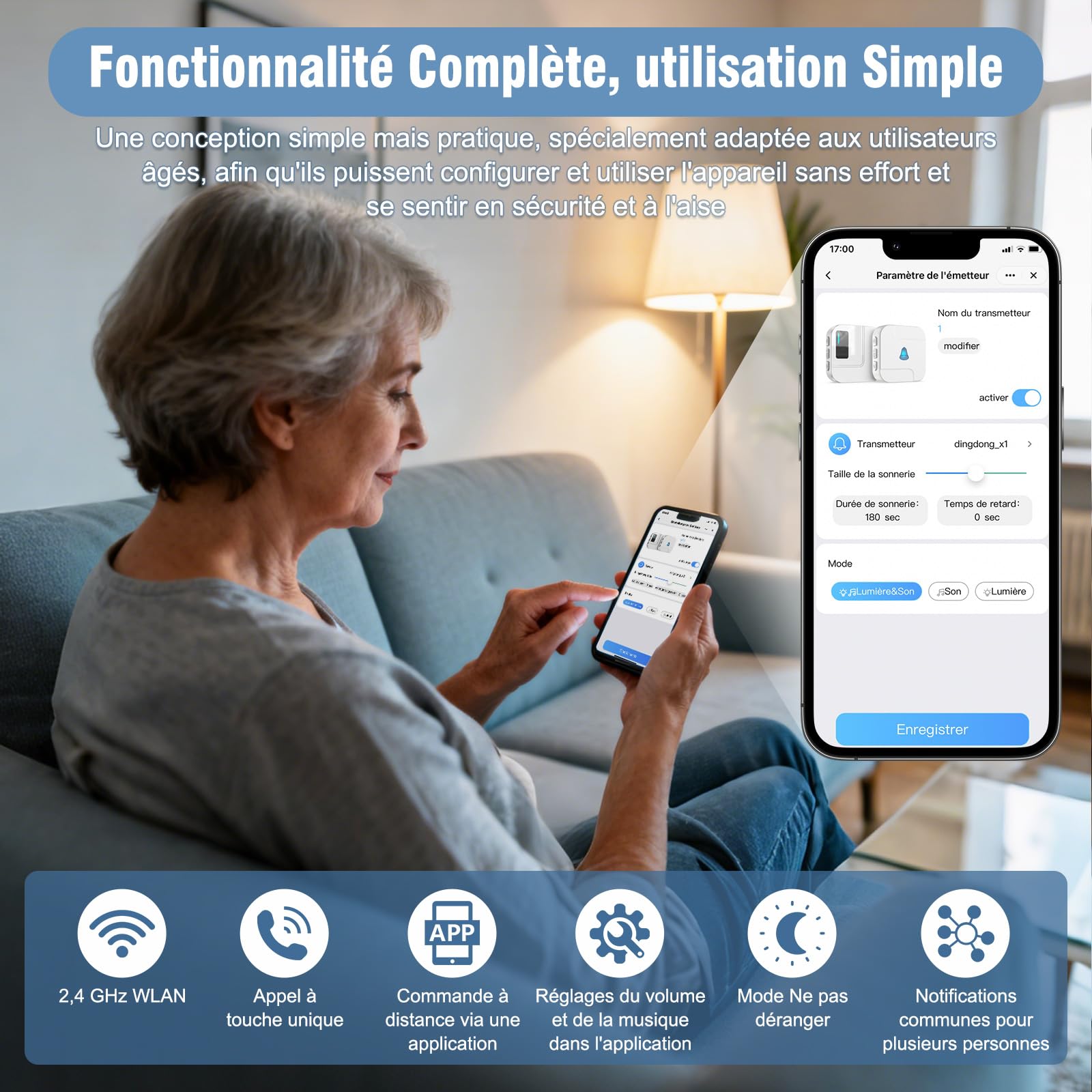 Appareil d'Alarme Chunhee pour Personnes Âgées - Système Adapté aux Handicaps et Difficultés de Mobilité. Bracelet d'Alarme pour Usage Domestique (1 Récepteur + 1 Montre + 1 Émetteur)