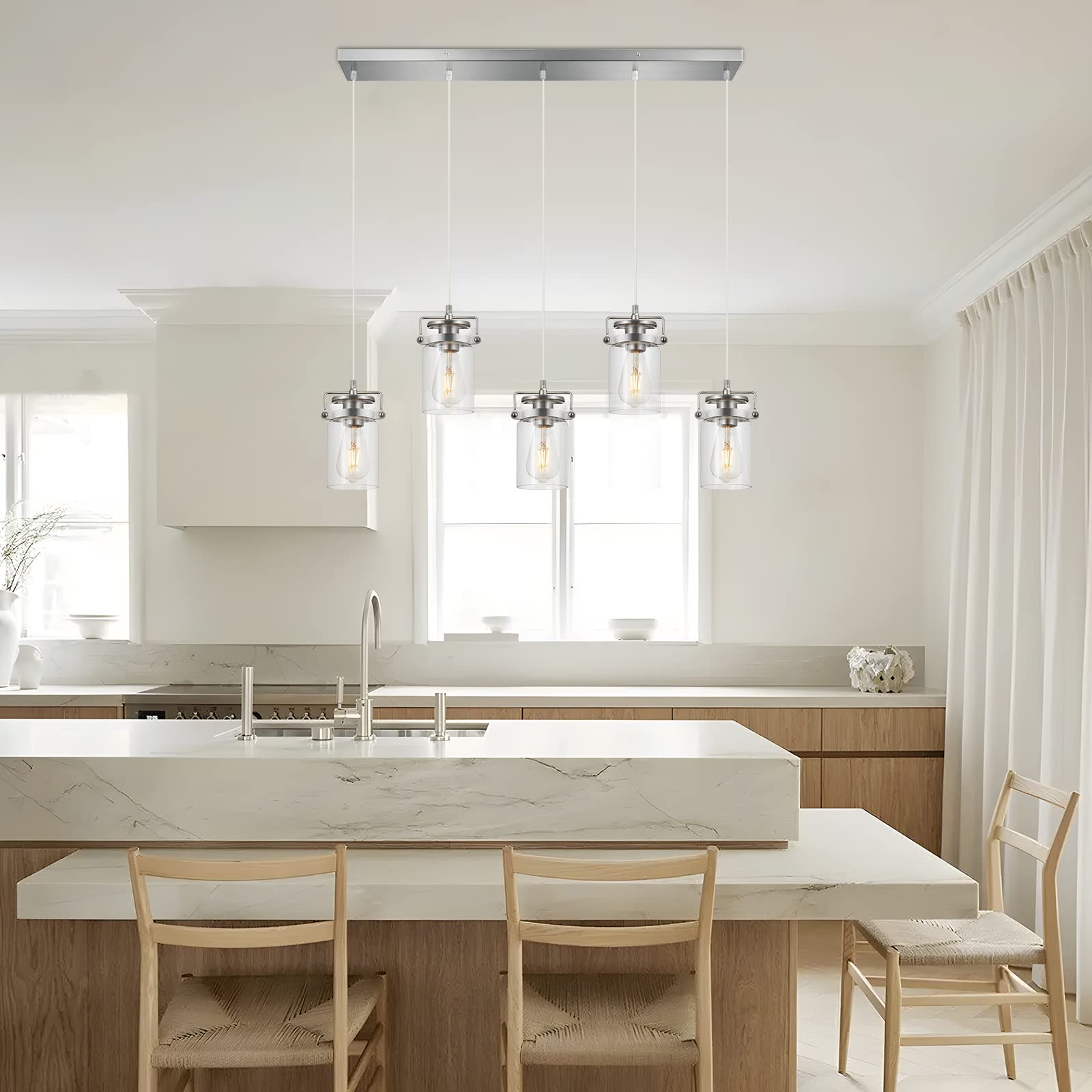 Kitchen Island Lighting, 5 Light Pendant Lighting for Dining Room Farmhouse Chandelier Dining Room Light Fixture, Hanging Linear Chandelier Brushed Nickel Pendant Lighting with Clear Glass Shades