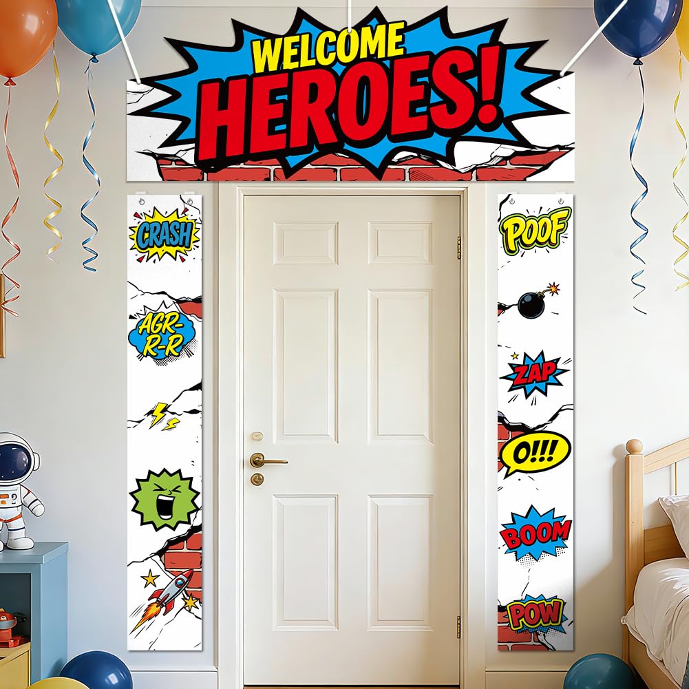 SUPERDANT 3pcs Welcome Heroes Porch Banner Cartoon Fabric Sign Reusable Comic Hero Door Couplet for Cartoon Party Photo Backdrop Hooks And Rope Included 180x30cm