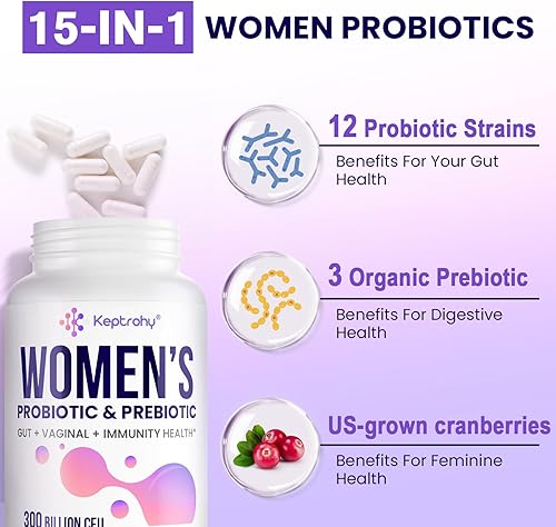 Miniatura 6 de Probióticos vaginales para mujeres – 300 mil millones de UFC, 12 cepas probióticos con prebióticos, extracto de arándano orgánico, probiótico diario