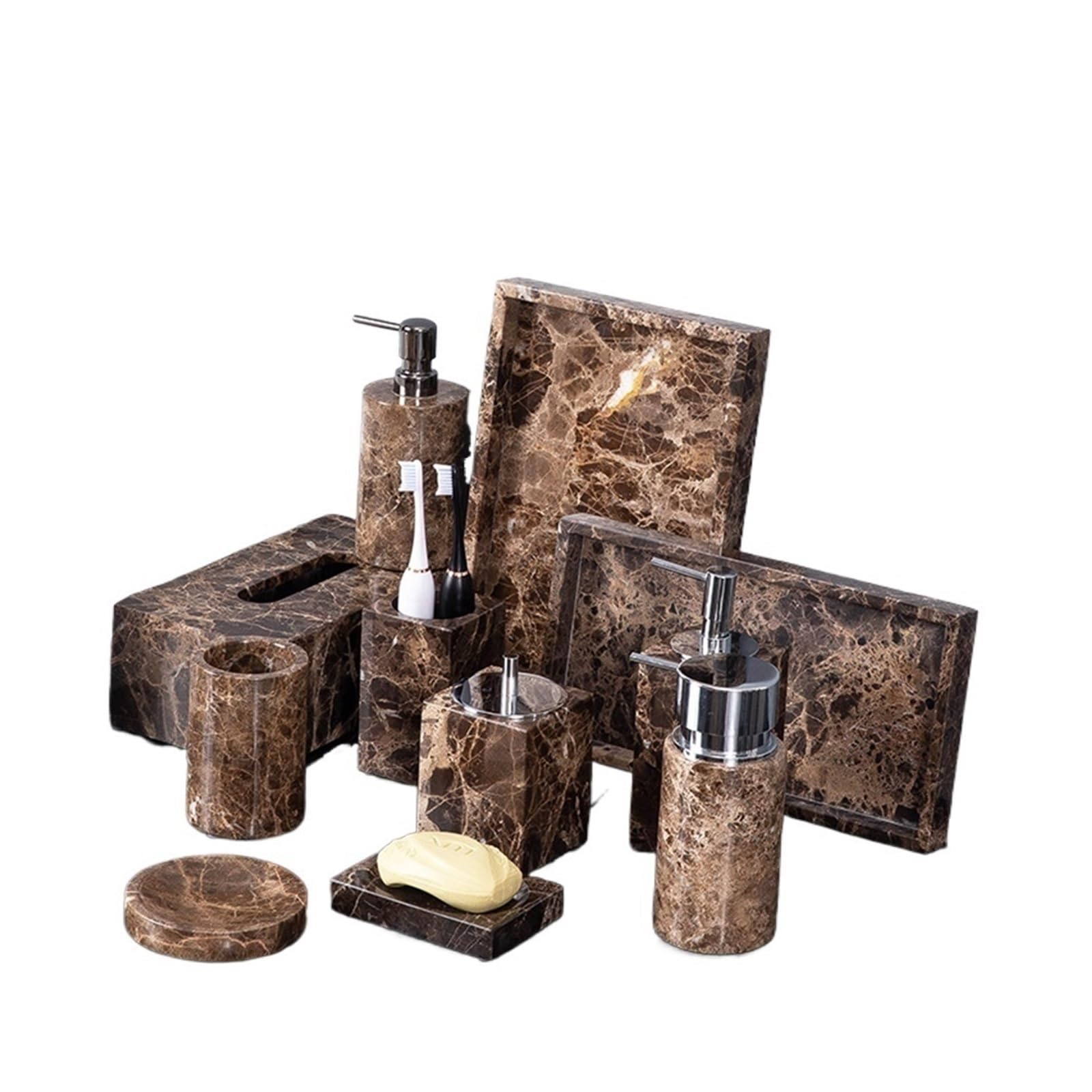 Set Dispensador Jabon Baño Accesorios de baño de mármol natural marrón Dispensador de jabón de mármol de lujo Soporte for cepillo de dientes Juego de bandeja for jabonera for baño(Teacup-Square)