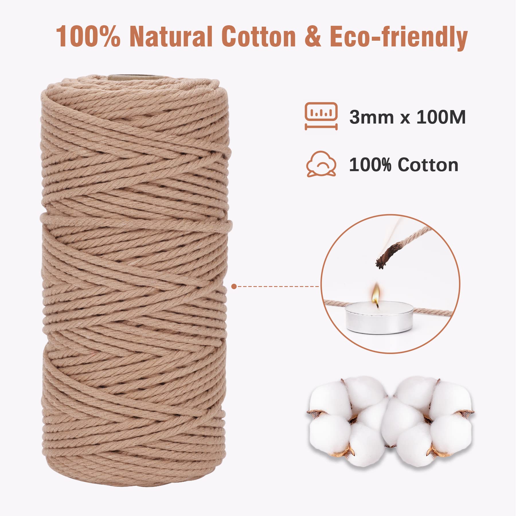 VORHOT Corde Macramé 3mm, Fil Macramé 3mm, Macrame Corde Lot Pêche Bleu Saphir Beige, Corde Macrame Coton 3mm, Bobine Fil Macrame pour Bricolage, Artisanat, Tapisserie, Décoration Boho