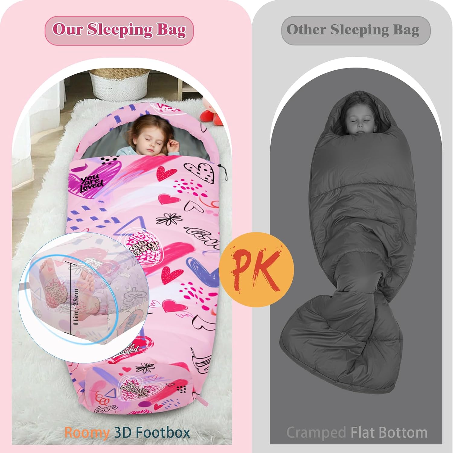 Kids Sleeping Bag for Girls, 3 Season Sleeping Bag with Backpacking Bag, Warm & Cool Weather, Portable for Travel, Sleepovers, Indoor & Outdoor Camping, Machine Washable