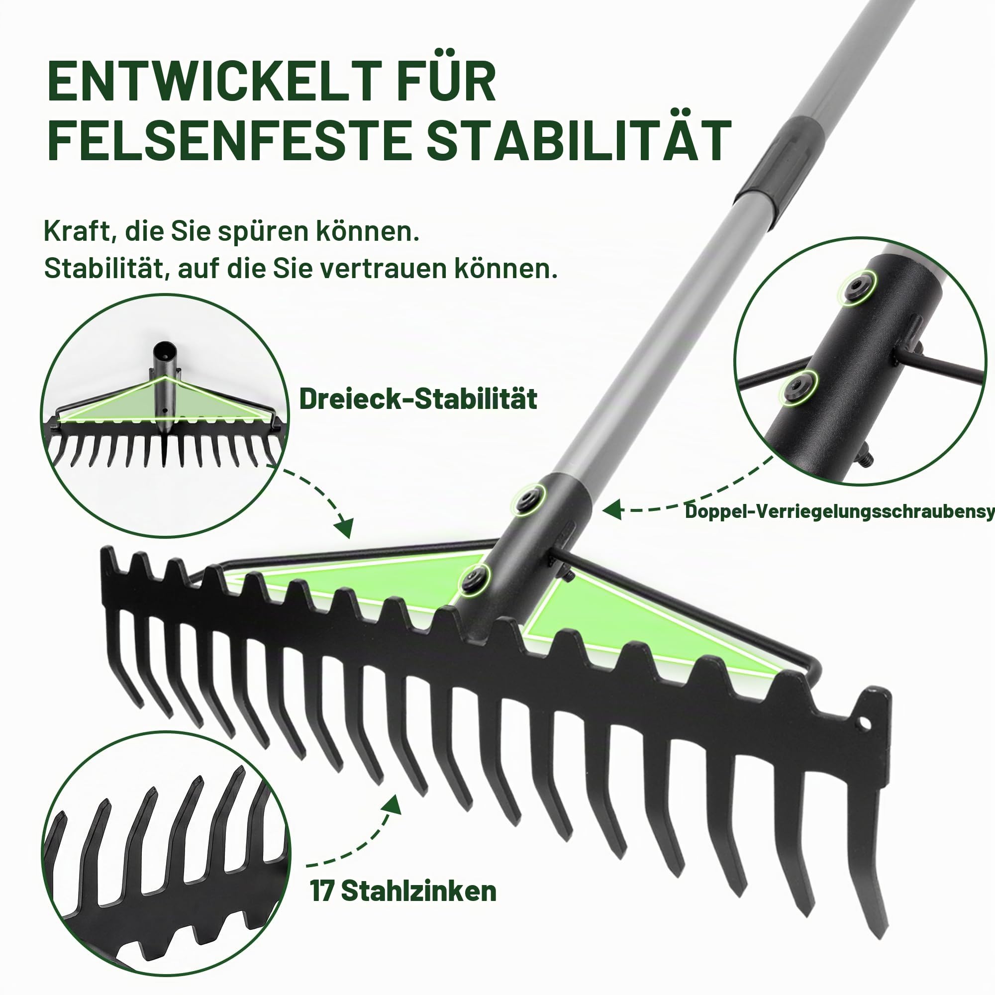 Walensee Garten Rechen, 165cm Metall Rechen , Harke mit 17 Stahlzinken, mit Edelstahlgriff, zum Lockern von Boden und Nivellieren von Rasen,Laubbesen,Rasenrechen, Heurechen für Rasen und Blätter