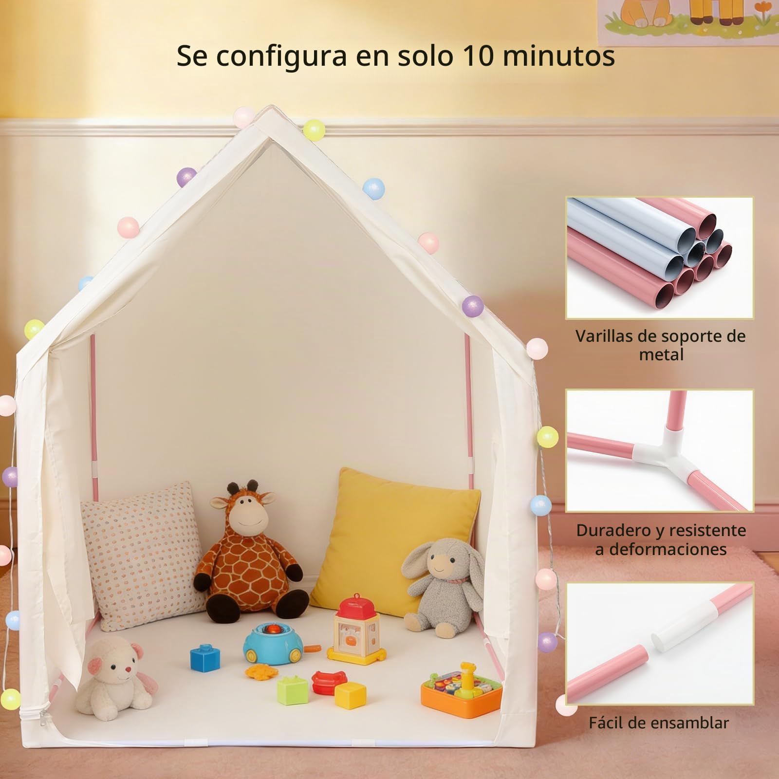 Anbte Tienda de Campaña Infantil,Rayas Rosas,para Niños a Partir de 3 años | Espaciosa y Portátil, Casita de Juegos para Niñas y Niños, con Luces, Varillas Metálicas y Bolsa de Transporte