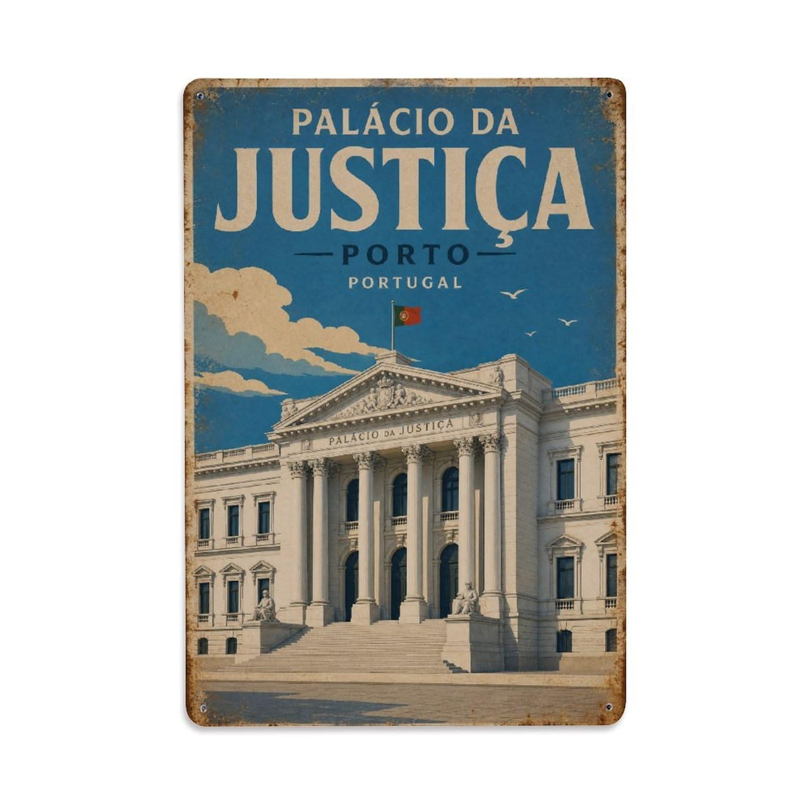Vintage Travel Palacio Justica Justice Palace Portugal Metal Tin Sign