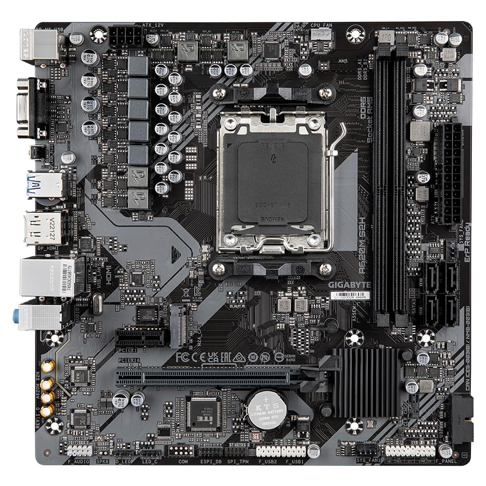 GIGABYTE A620M S2H Scheda madre - Supporta CPU AMD Ryzen 8000, VRM digitale 5+2+2 fasi, fino a 7200MHz DDR5 (OC), 1xPCIe 4.0 M.2, GbE LAN, USB 3.2 Gen 1