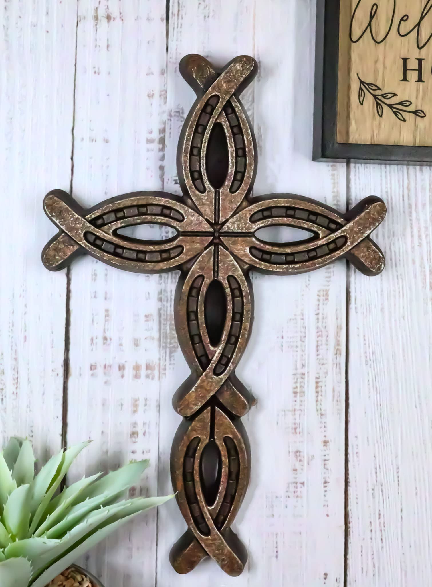 Ebros Gift 11.5" High Rustic Western Horseshoes Ichthys Wall Cross Decor Plaque Horse Shoes Design Sculpture Inspirational Catholic Christian Accent Crosses