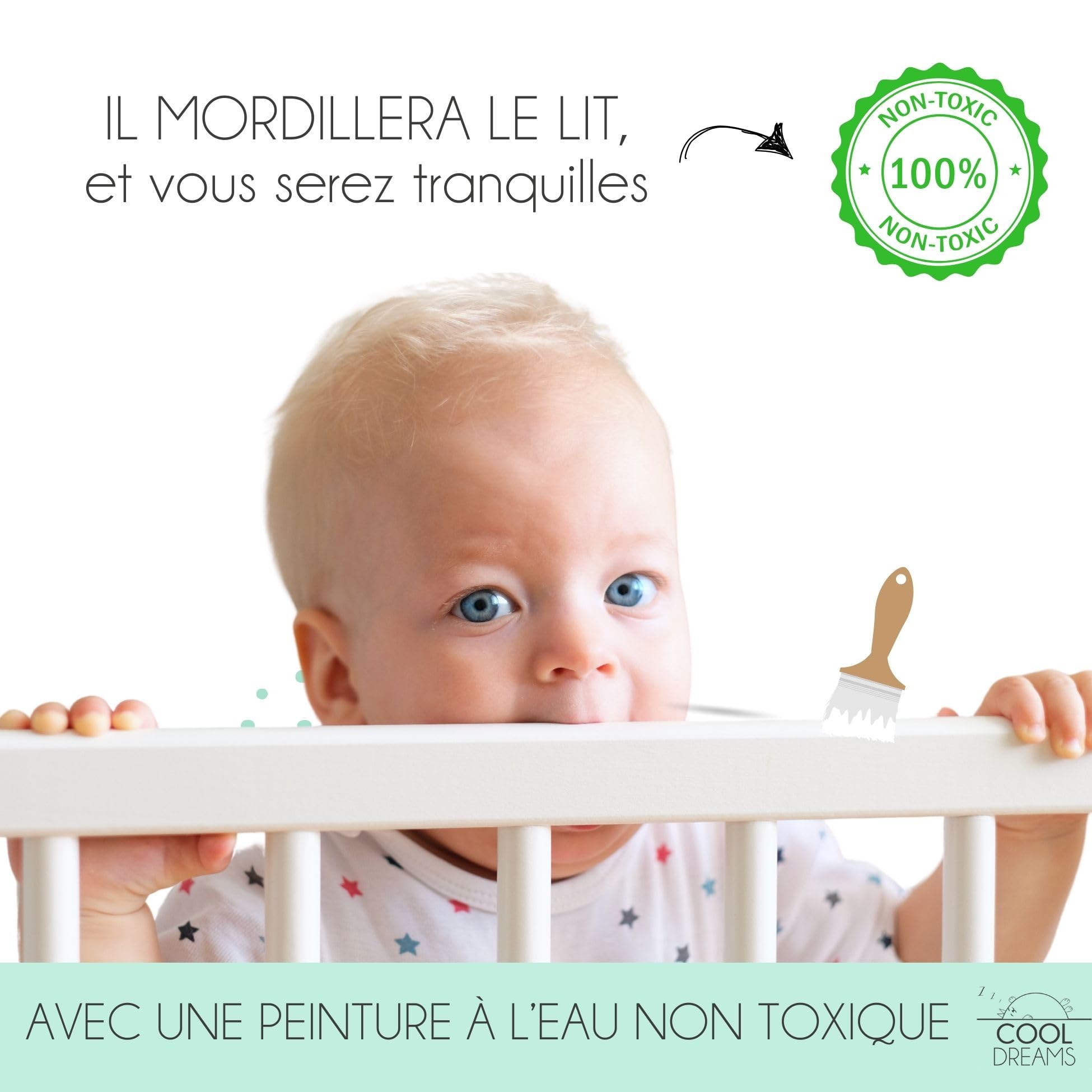 COOL · DREAMS Lit bébé évolutif Nuru. Inclus kit de cododo pour Fixer Le lit en Toute sécurité au lit des Parents et barrières Blanches pour Le Transformer en lit