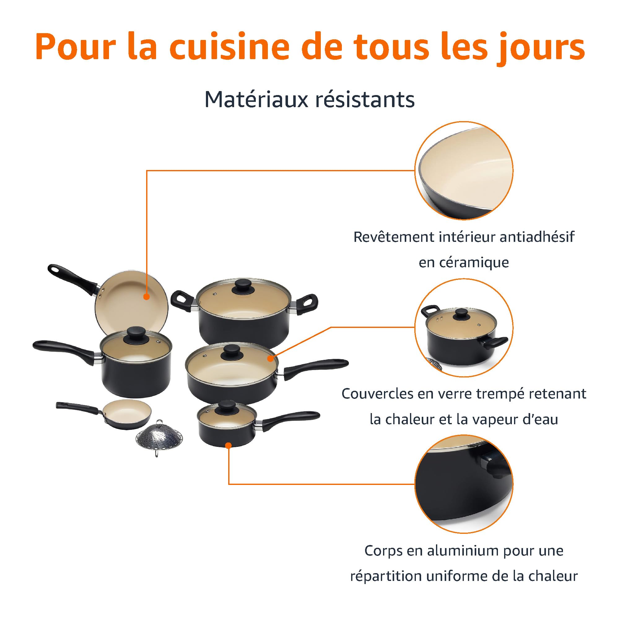 Amazon Basics 11 pièces ustensiles avec casseroles et poêles antiadhésives en céramique, noir et crème