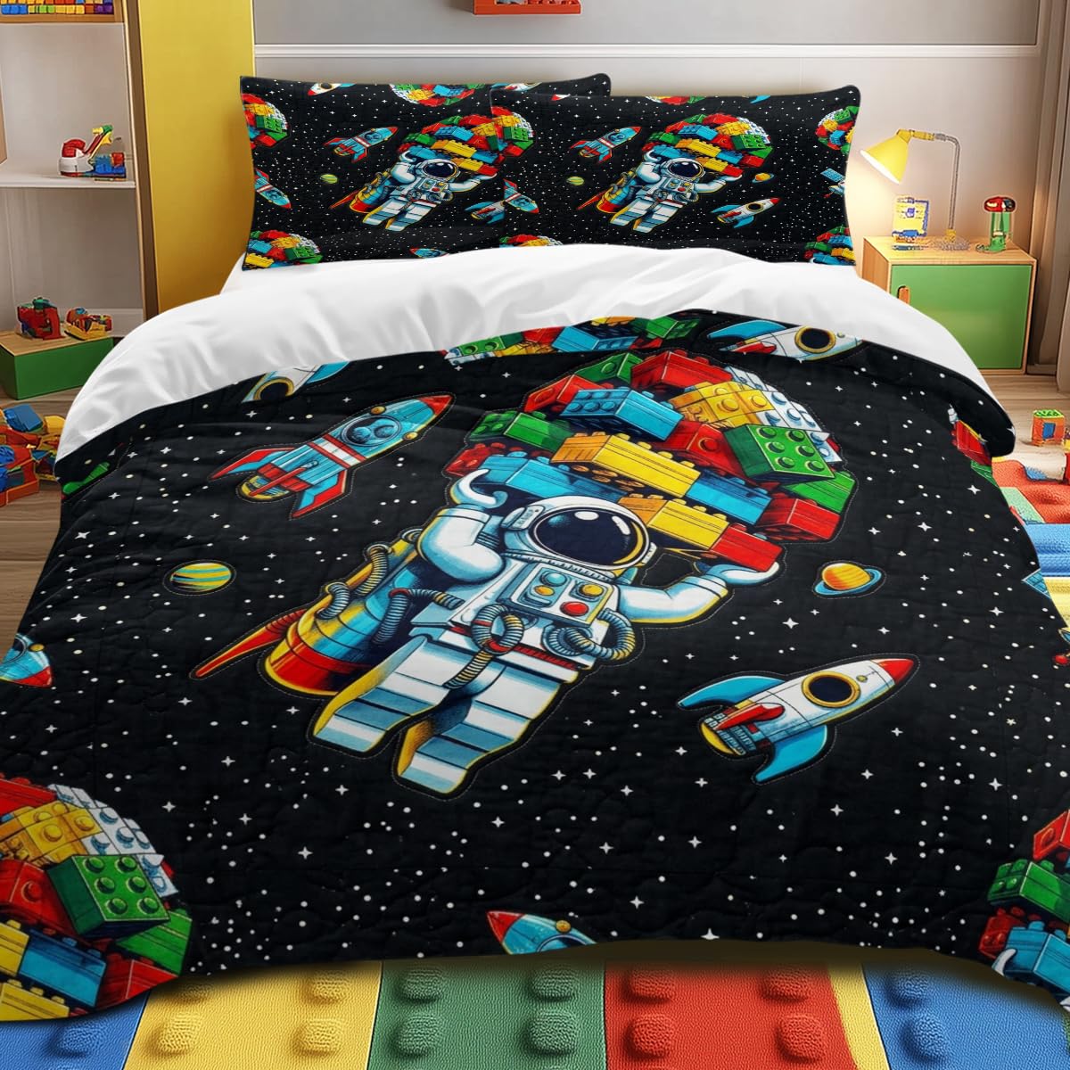Kids Space Duvet Cover Super King Size, Cartoon Astronaut Rocket Building Blocks Galaxy Bedding Set for Boys, Black Microfiber Outer Space Comforter Cover with Zipper Closure and Corner Ties