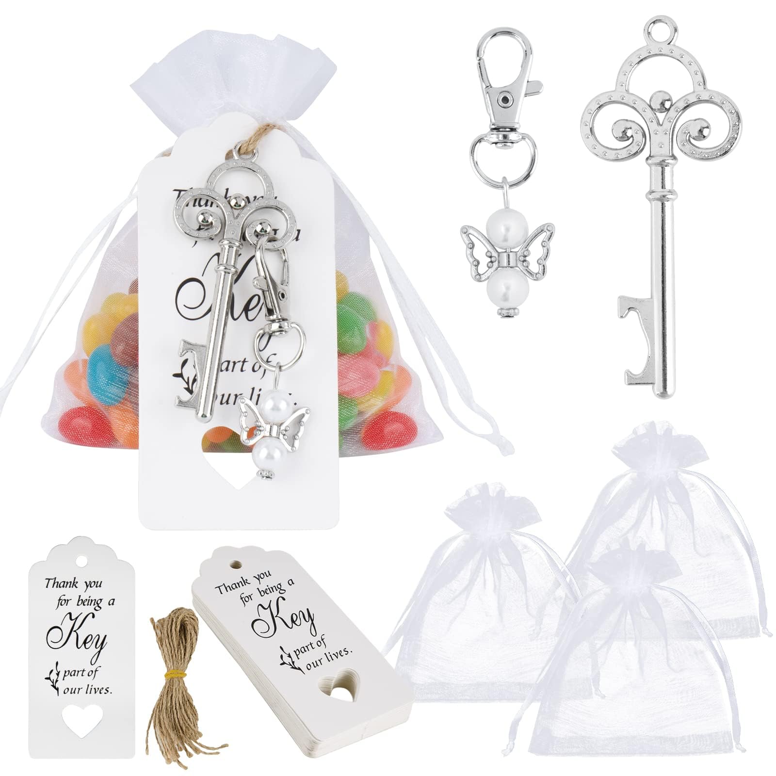 BOFUNX 20pcs Llavero Ángel+20pcs Llavero Abrebotellas para Comunion+40 Bolsas Organza+40 Etiquetas+40 cuerdas Regalos y Recuerdos Detalles Comunión Bautizo Baby Shower Boda Fiesta para Invitados