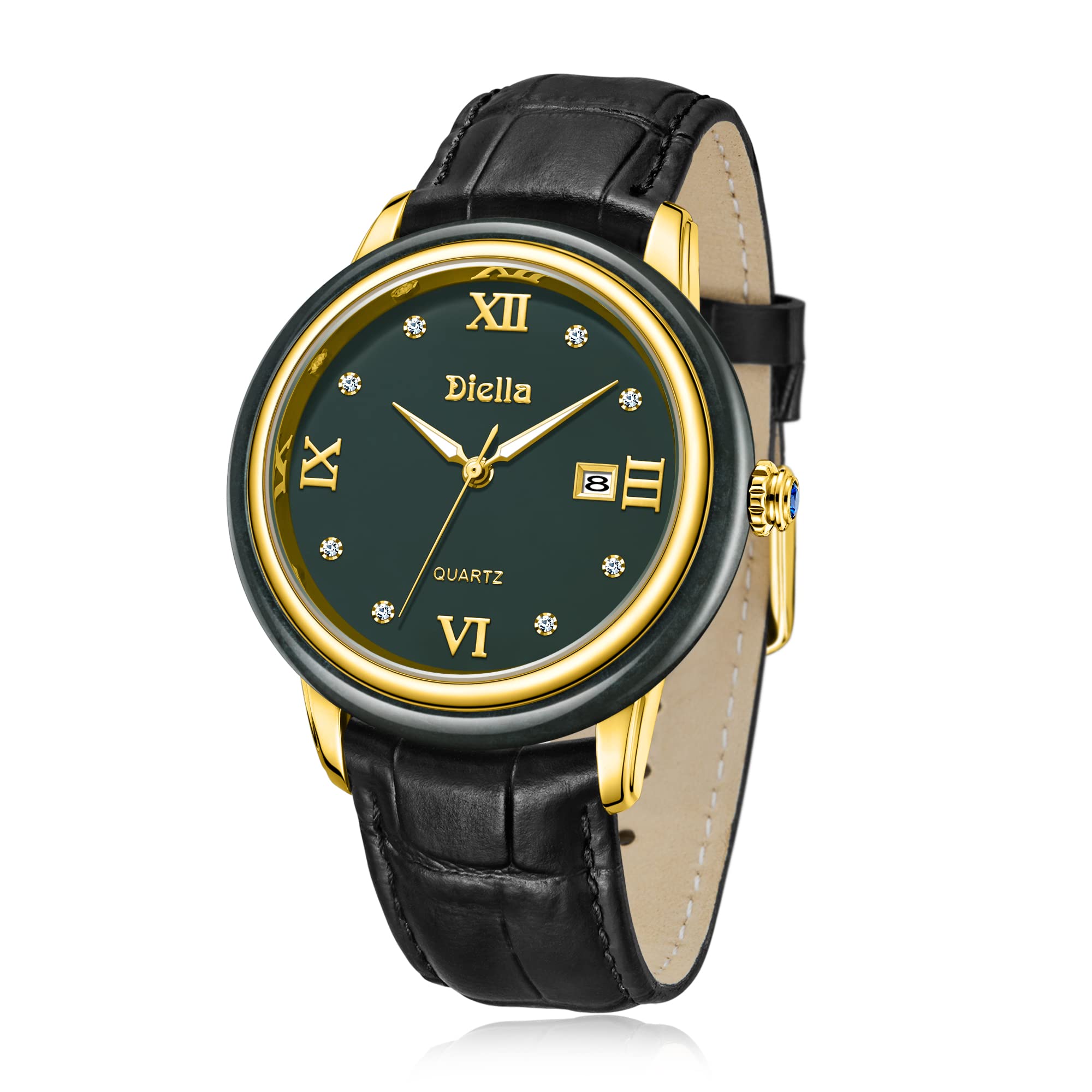 Diella Luxury Dress Watches for Men with Japanese Quartz Movement, Mens Classic Wrist Watches with Black Leather Band, Dark Jade, Gold and Steel Case, Date Luminous and Waterproof (Model: AD5002G), (B0BHQ7Y9H9) Amazon Price History, Amazon Price Tracker