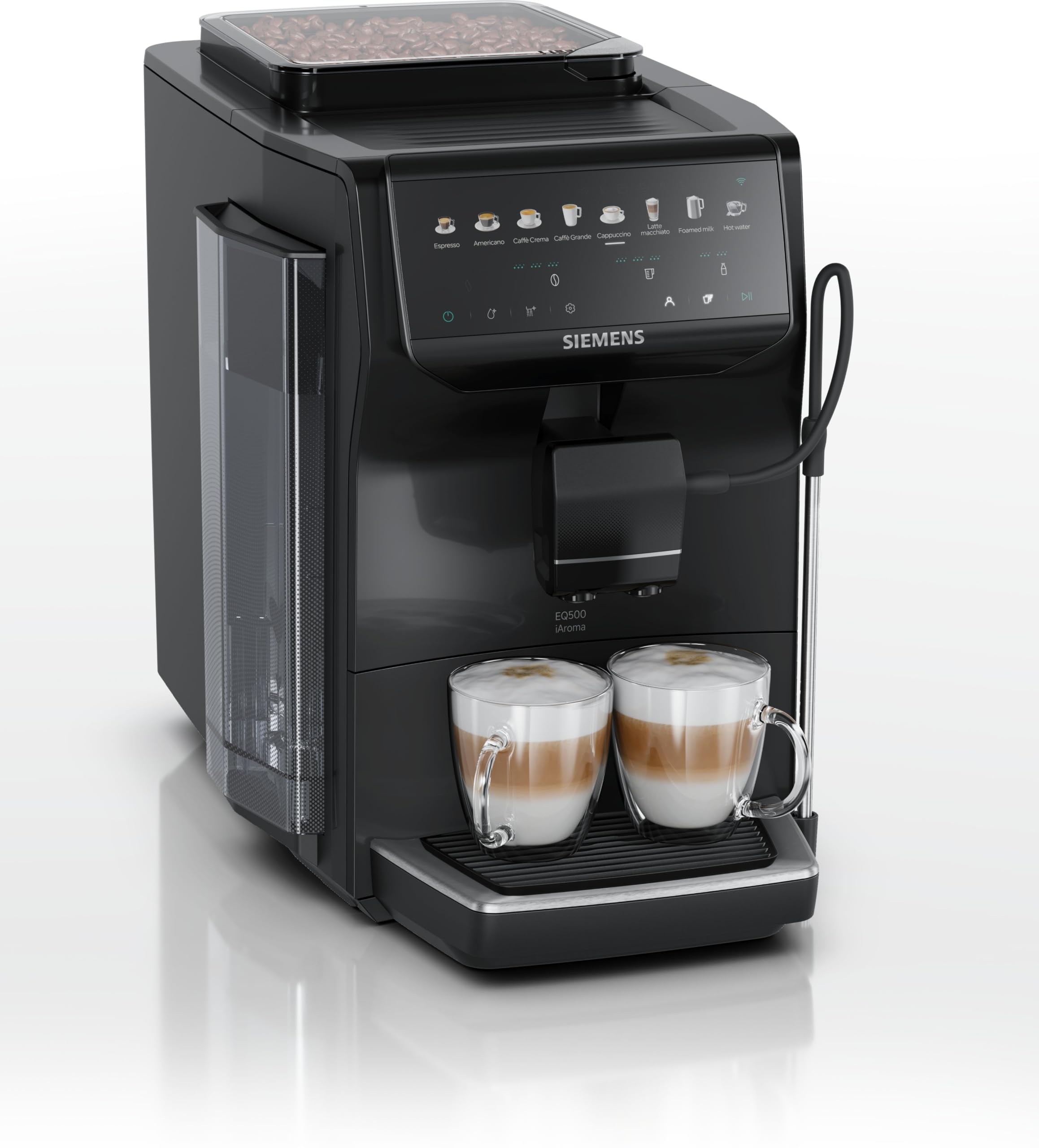 SIEMENS, Cafetera superautomática EQ500 iAroma, tactil, Negro, TP553E19 | Prepara dos tazas a la vez, personaliza tu bebida favorita con un toque y controla todo desde el móvil. Limpieza fácil.