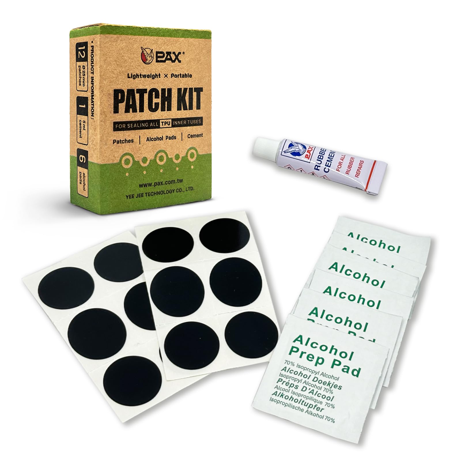 PAX 19Pcs Punctured Bike TPU Tube Repair Patch Kit, Contains 25mmØ Glueless Patches, 6Pcs Alcohol Patches, 1Pc 5ml Rubber Cement, Punctured TPU Inner Tube Repair Kit for Bicycle, Inflatable Rubber