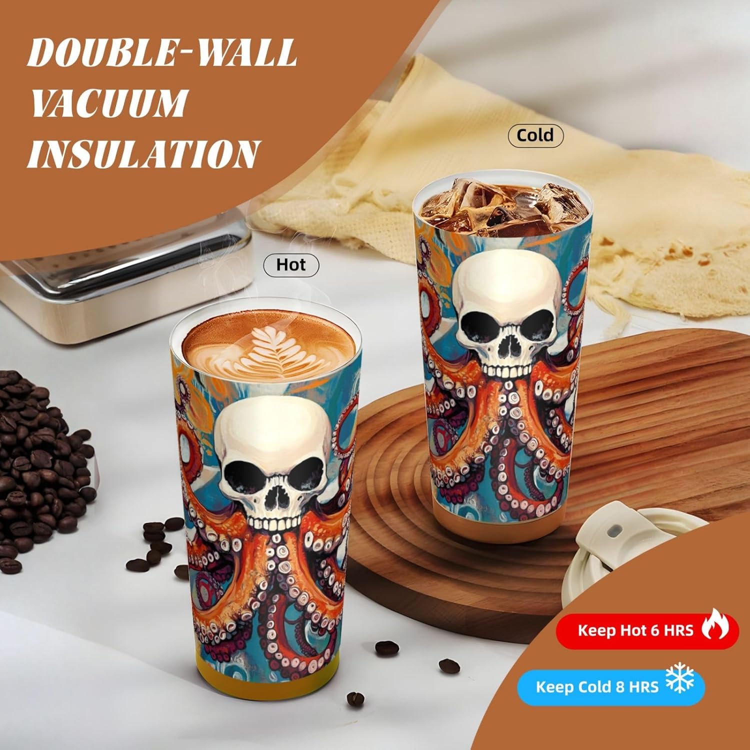 Unique Customized Coffee Mug - Insulated Stainless Steel Tumbler for Travel, Home & Office - 17 oz Skeleton Octopus Pink