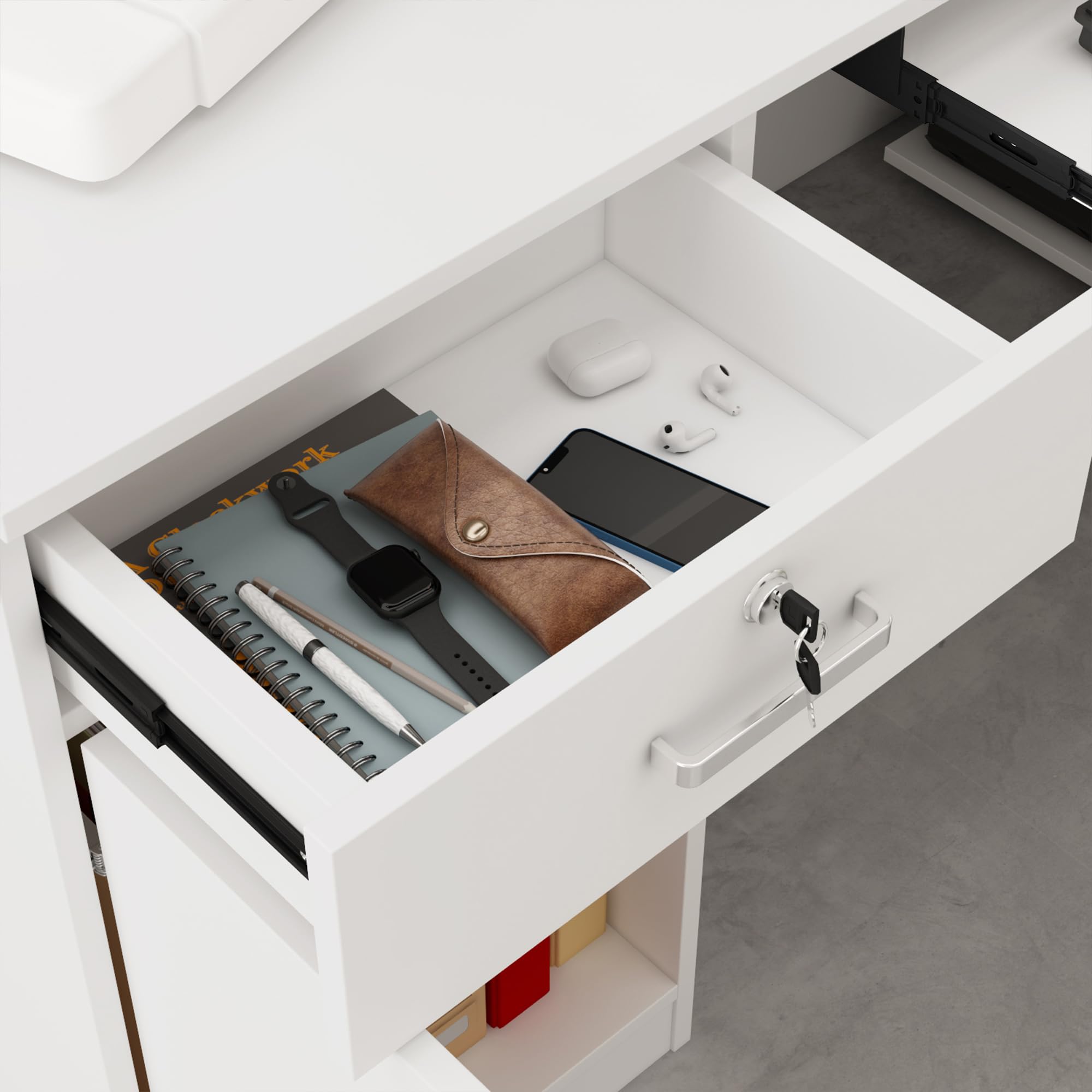 Empfangstheke, Empfangstresen, Rezeptionstisch, Rezeptionstheke mit 1 Schubladen und 1 Schrank, Empfangstheken, Rezeptionstheken mit Tastaturschublade, Bürotheke, MDF, 140 x 100 x 110 cm