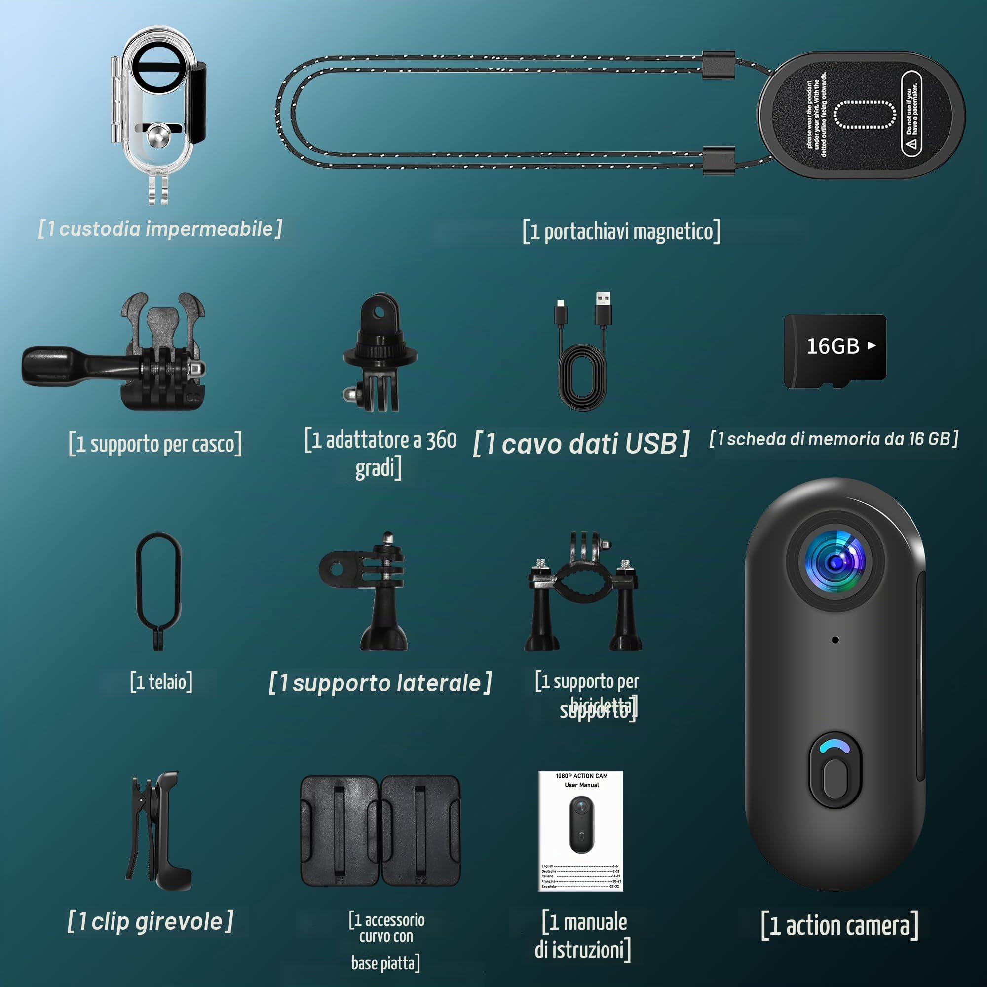 Mini Action Cam Con 16G, 1080P Fotocamera Subacquea Bodycam | Impermeabile Fino a 30 m, 360° Telecamera Moto, POV a Mani Libere, Fotocamera Per Casco, Polizia Professionale Per Vlogging