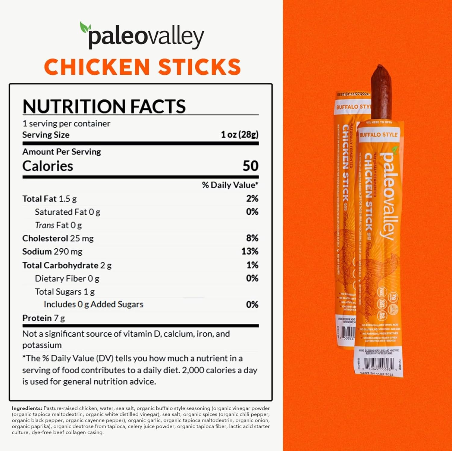 Paleovalley Pasture-Raised Chicken Sticks – 10 Pack – 7g Protein per Stick – Keto-Friendly, Paleo, Gluten-Free, Nitrate-Free – On-the-Go Snack (10 Pack, Buffalo)