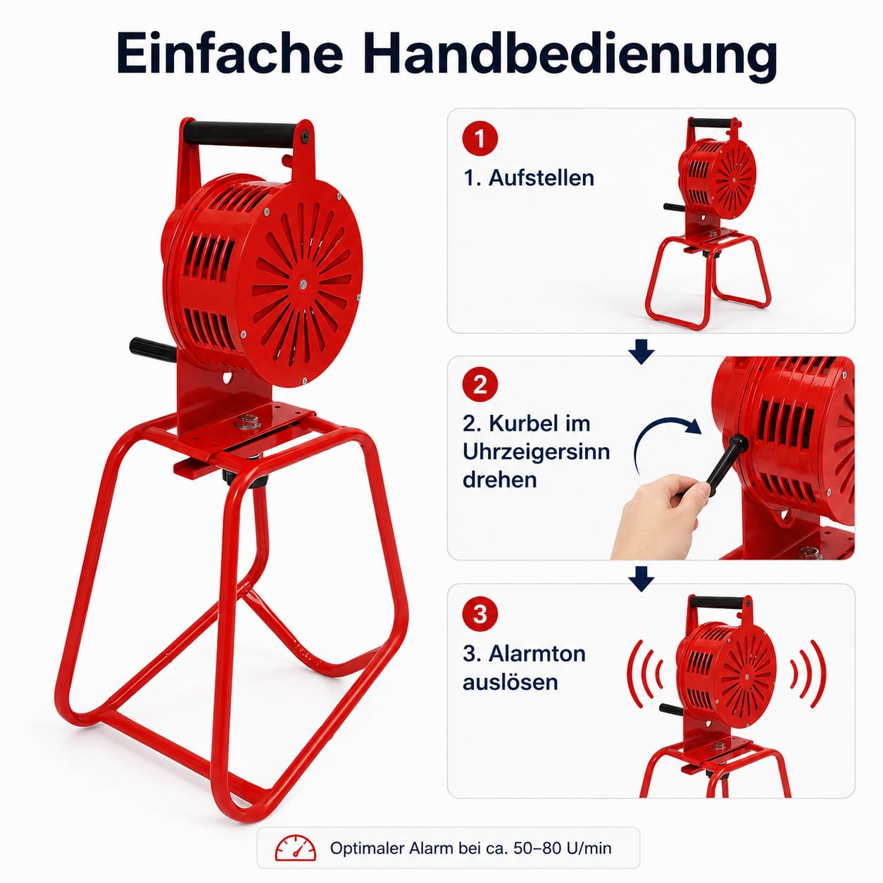 Sirène à main avec manivelle - 125 dB - Portable - Sirène à main - Actionnement à levier - Avec support pour la technologie de surveillance de la maison - Alarme incendie - Gardes côtières