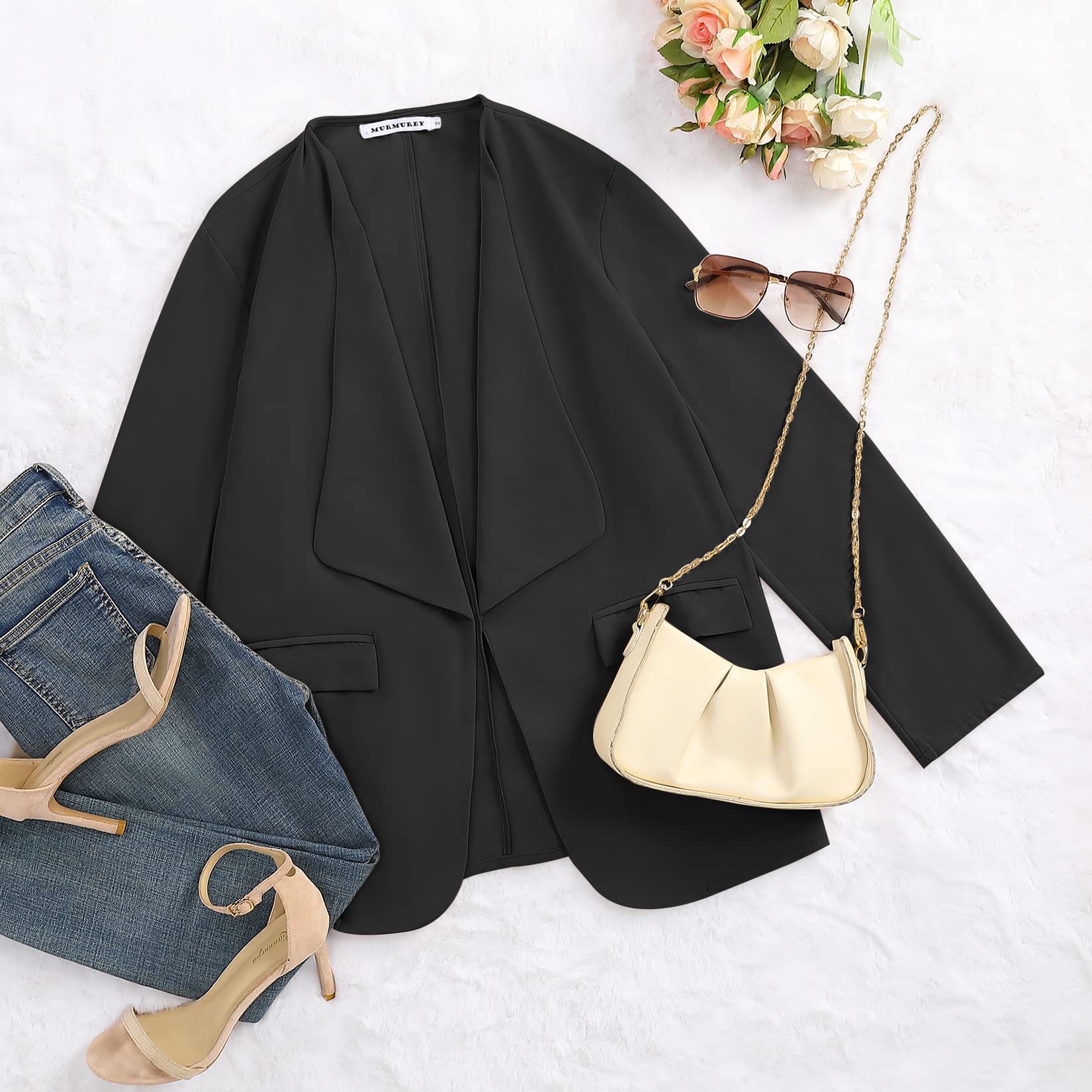 Damen-Blazer, lässig, aufrollbar, langärmelig, vorne offen, für Arbeit, Büro, Business, Blazer mit Taschen