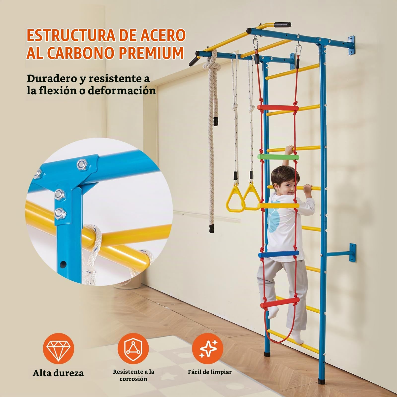VEVOR 5 en 1 Juego de Escalada para Niños con Escalera Sueca de Acero al Carbono, Escalera de Pared, Barra de Dominadas, Escalera de Cuerda y Anillos de Gimnasia, Carga de 99,8 kg, Multicolor