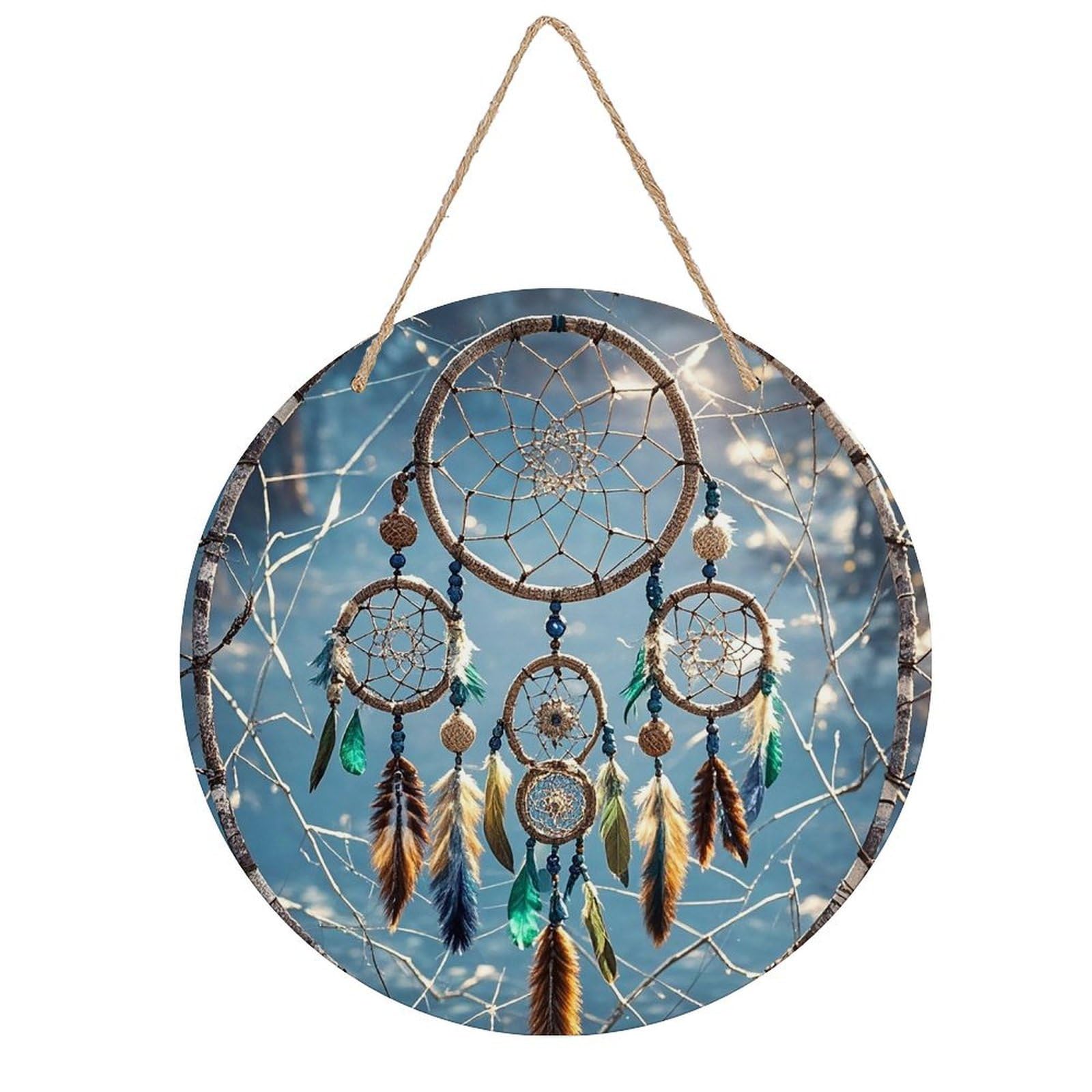 FekiLoot Round Dream Catcher Wall Art Decor Painting Wooden Hanging Sign with Ropes Bohemian Wall Hanging Retro Mid Century Modern Wall Art for Home Bedroom Living Room 7.9x7.9 in