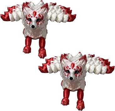 2 Pack Articulating 3D Printed Kitsune, Movable and Posable Design - 9 Tailed Fox Design - White and Red - 7 Inch