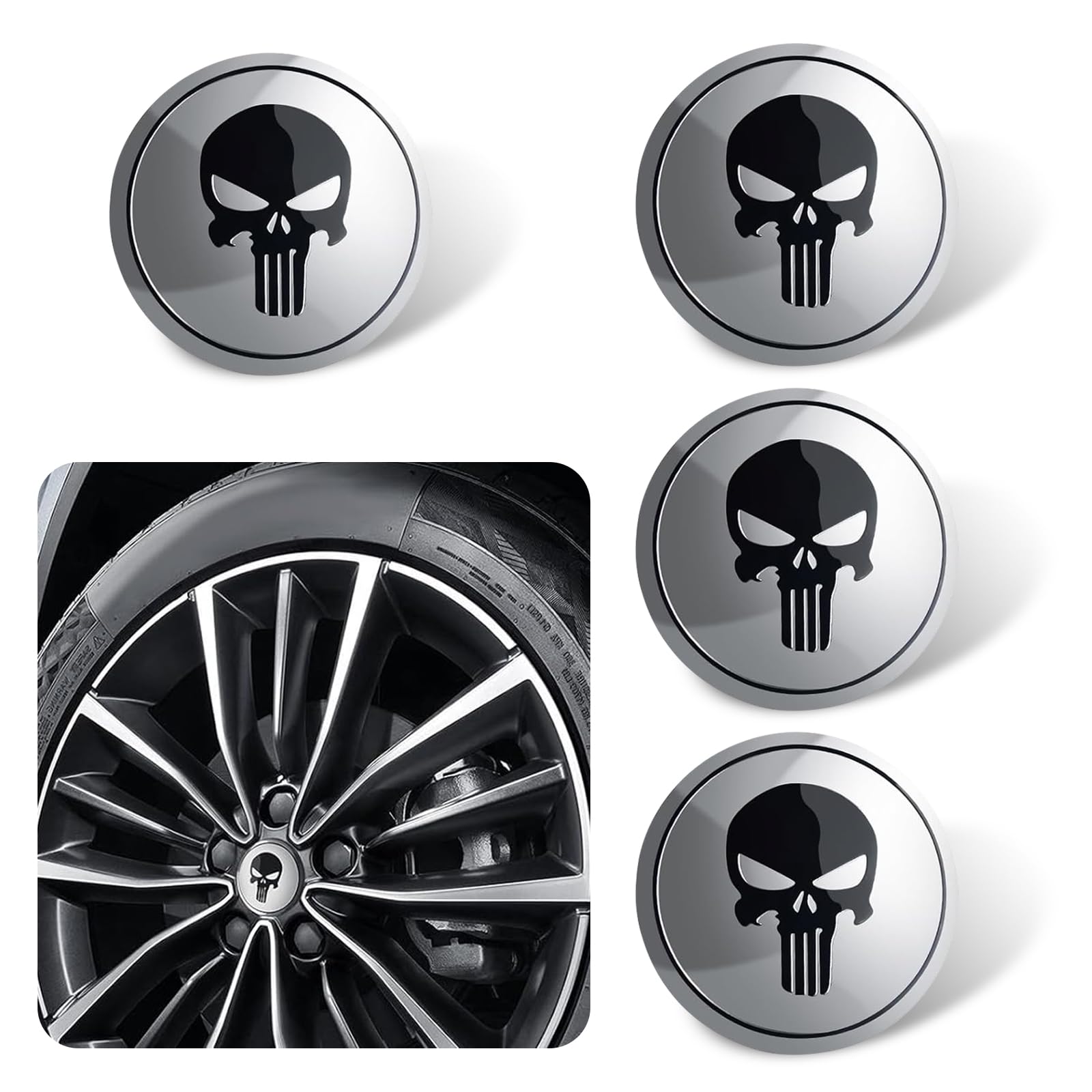 4 Stück personalisierte dekorative Autoaufkleber, Radnabenabdeckungs-Aufkleber, Metall-Fahrzeug-Aufkleber, Zubehör, universell für die meisten Autos (Silber)