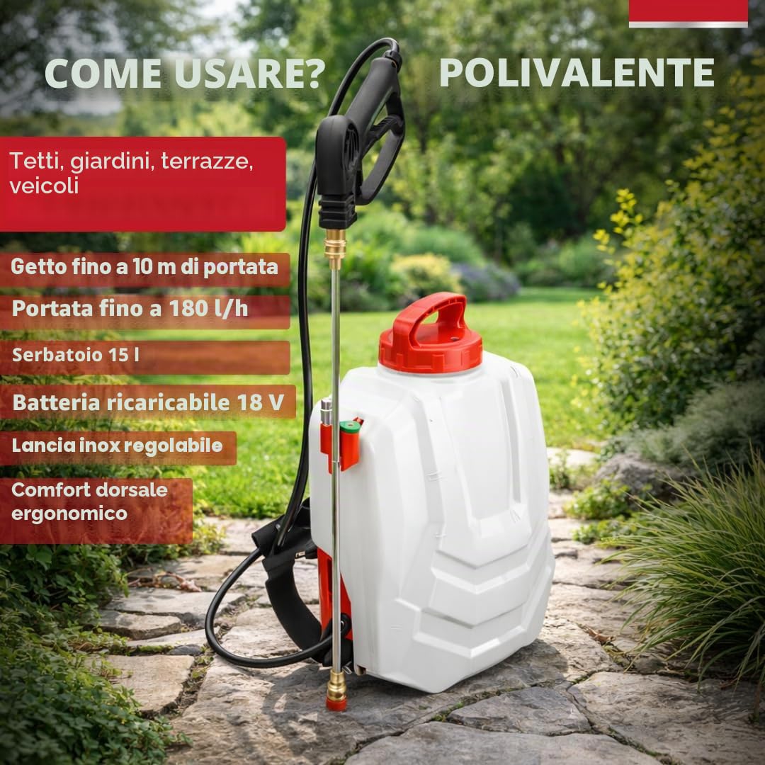 Pompa Irroratrice a Batteria 16L Con Lancia Inox 40 cm, Spruzzatore per Diserbo e Cura del Giardino, Atomizzatore per Pulizia Tetti - Getto a 9m - 2 Batterie
