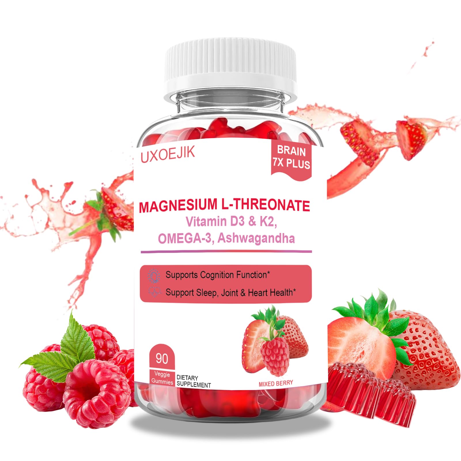 Magnesium L-Threonate Gummies - Magnesium Bisglycinate Gummies with Vitamin D, K2 & Omega-3 Fish Oil - Brain Health, Memory and Muscle Support - Vegan Non-GMO, Natural Berry Flavor, 90 Count 90 Count (Pack of 1)