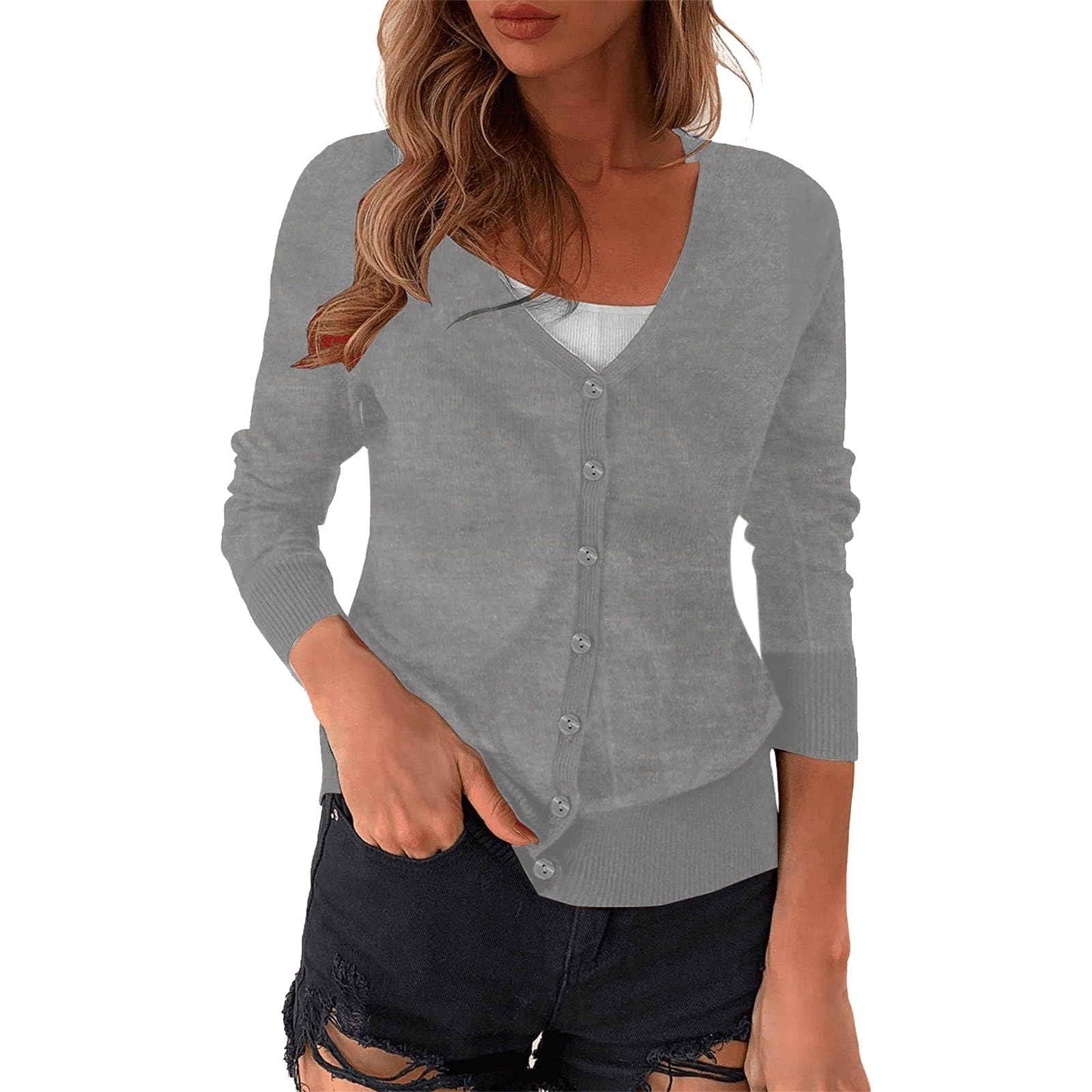 Generisch Cardigans para mujer elegante e informal bolero para tops vestido cárdigan de verano manga larga suéter de punto estrecho transpirable con botones chaqueta camisa con cuello en V ligero