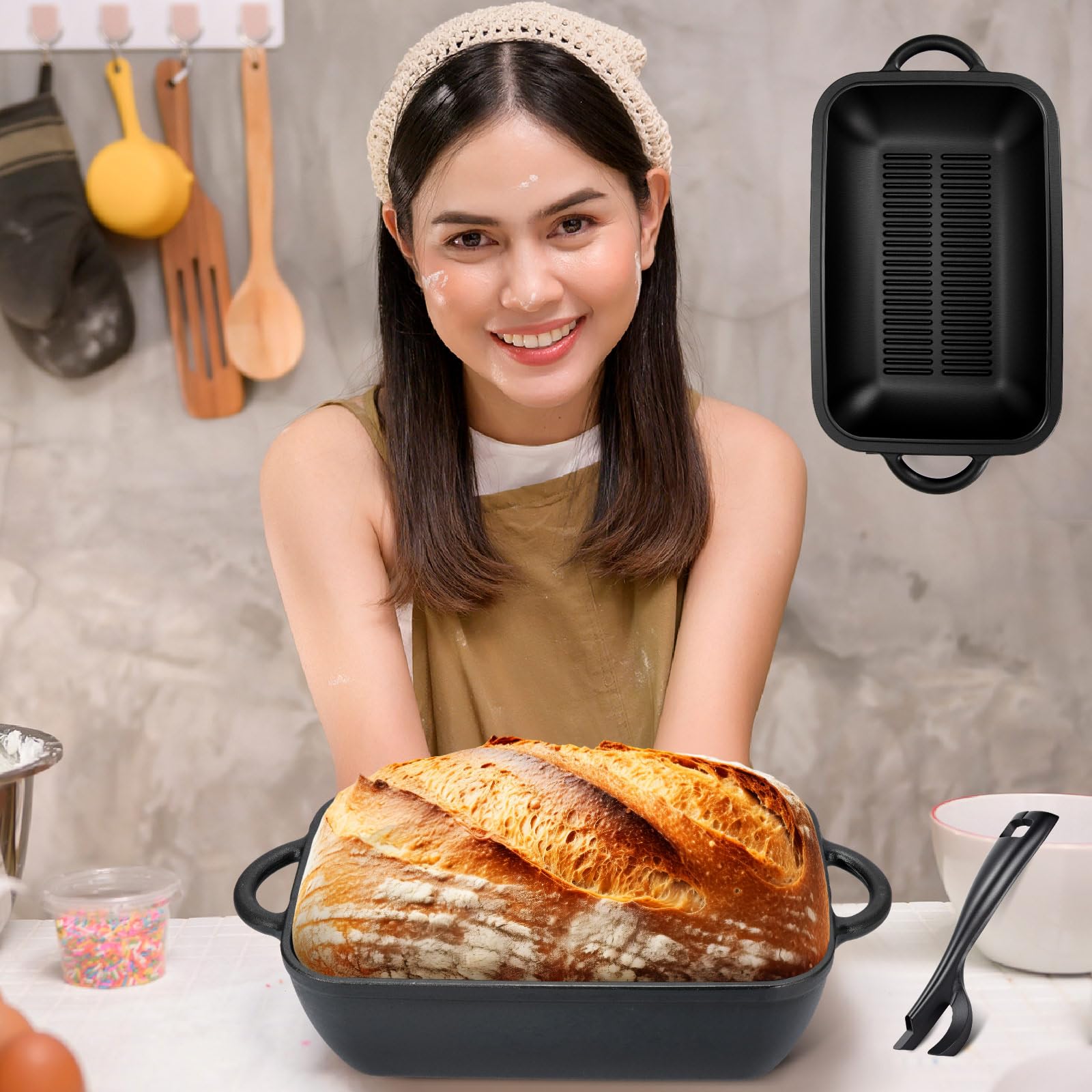 Maxdot 2-in-1 Gusseisen-Brotpfanne mit Deckel, 5,7 qt, antihaftbeschichtet, Kastenformen mit Doppelgriffen, Deckelhebel, Ofen für Sauerteigbrot, Backen Braten zum Backen von Brot, Kochen und Braten