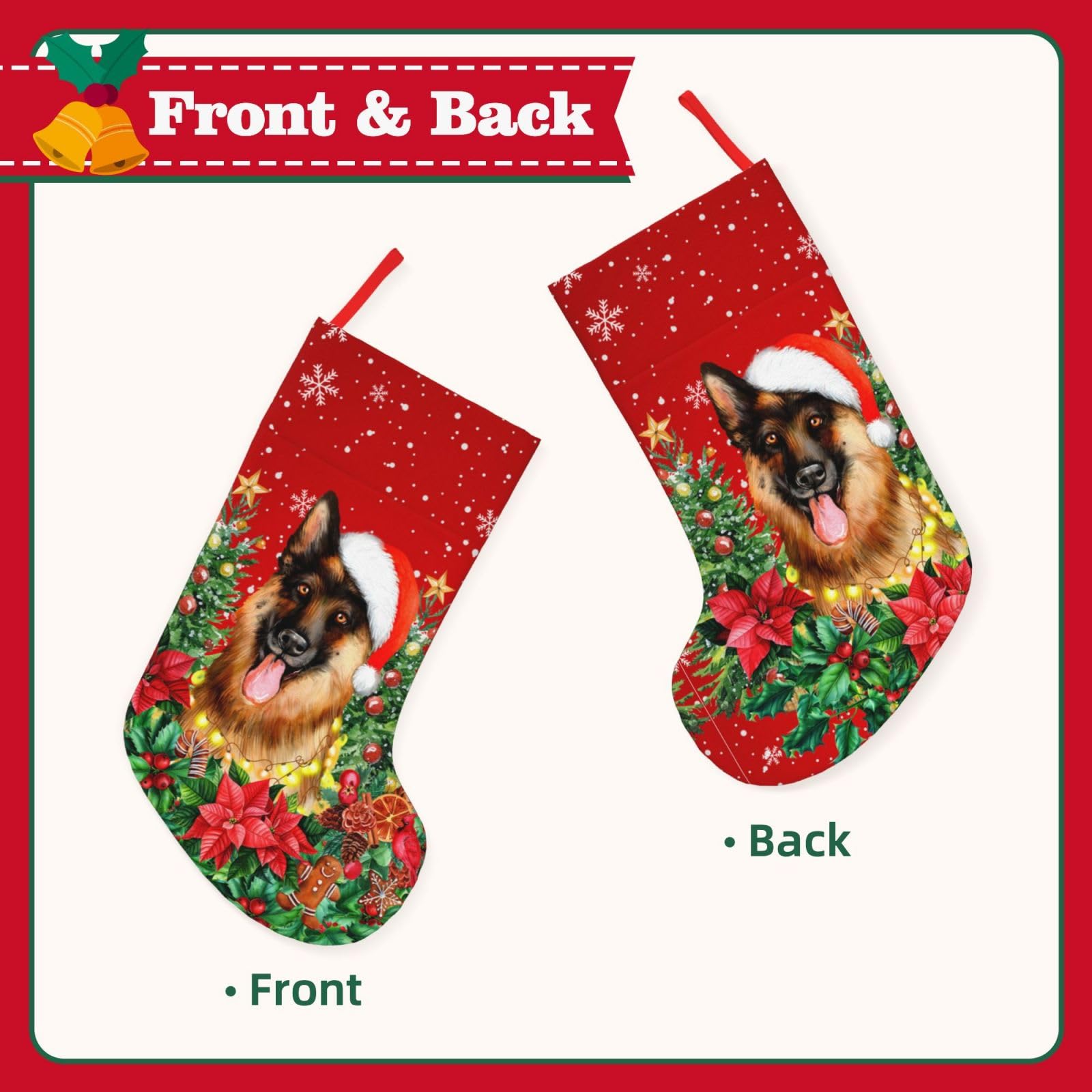 DORKEIXIA German Shepherd Dog Santa Claus Christmas Red Snowflake 18 Inches Large Cable Knitted Stocking Personalized Xmas Hanging Stocking Decorations for Holiday Christmas Party Family Decor