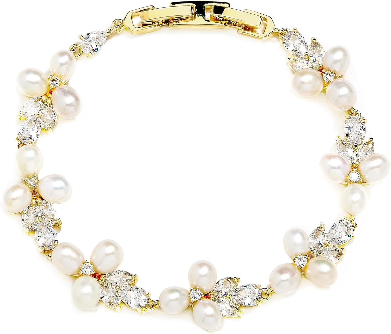 Mariell Freshwater Pearl Gold Bridal Bracelet, 7 1/8" Plus 1/2" Extender, Wedding Jewelry Gift for Women
